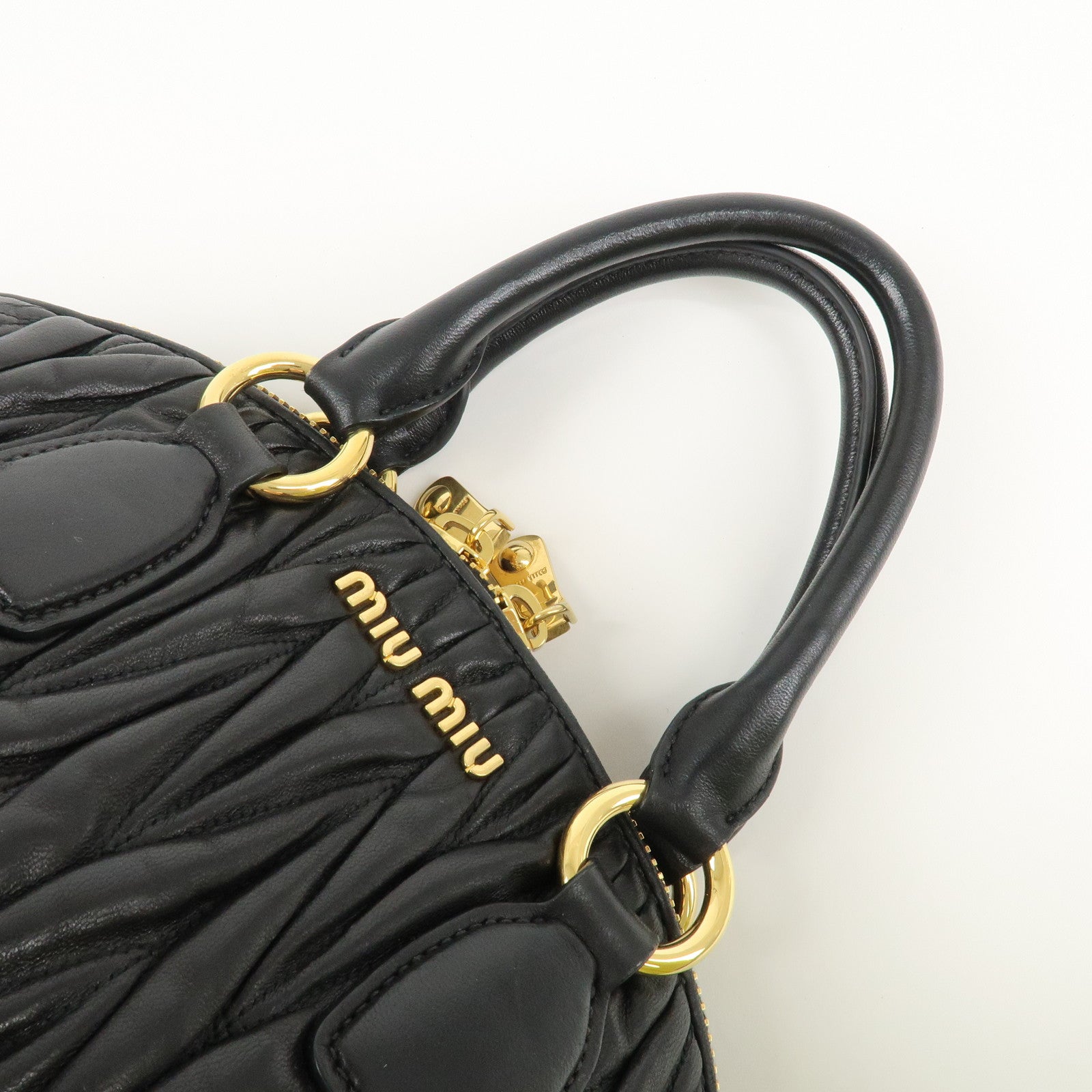 MIU MIU Matelasse Leather Hand Bag Black Gold Hardware Used