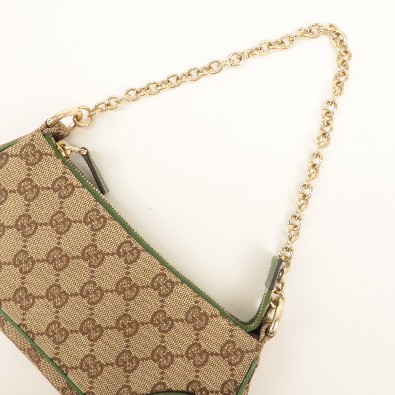 GUCCI GG Canvas Leather Chain Hand Bag Pouch Beige Green 120940