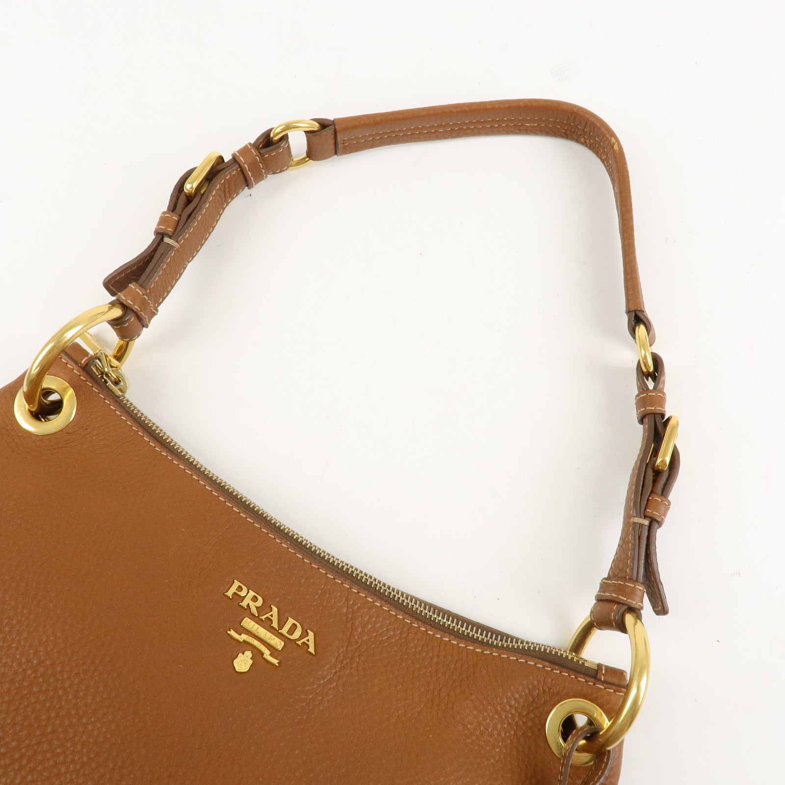 PRADA Leather Shoulder Bag Brown Gold Hardware B4894M Used