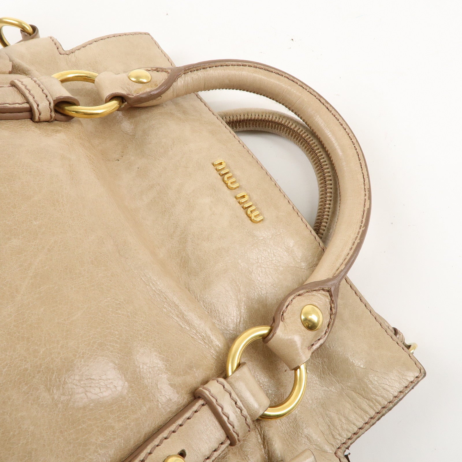 MIU MIU Leather Side Ribbon 2WAY Hand Shoulder Bag Beige PT0438