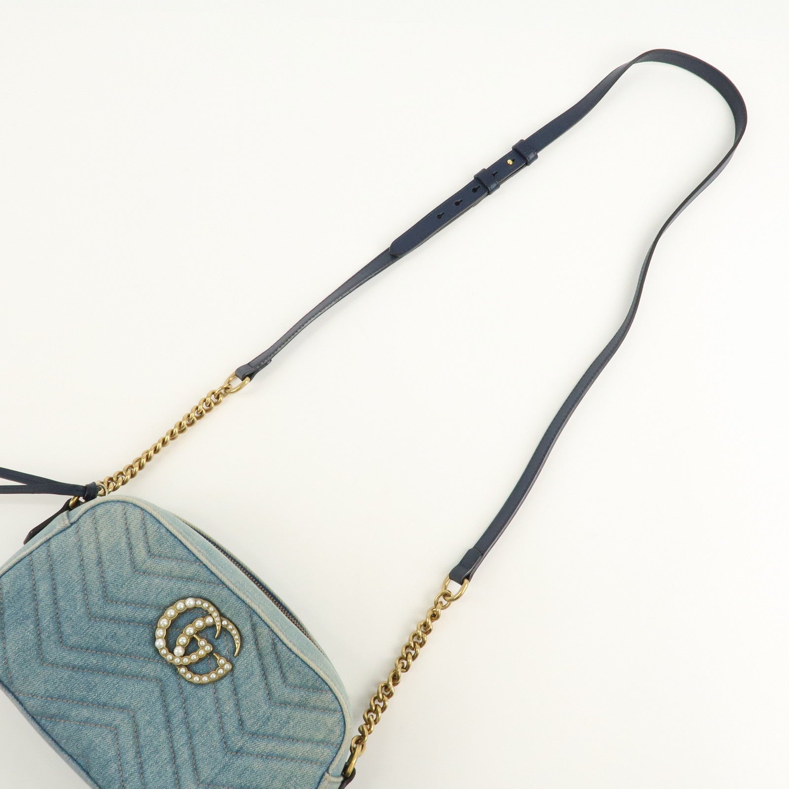 GUCCI GG Marmont Denim Leather Chain Shoulder Bag LIght Blue447632 Used