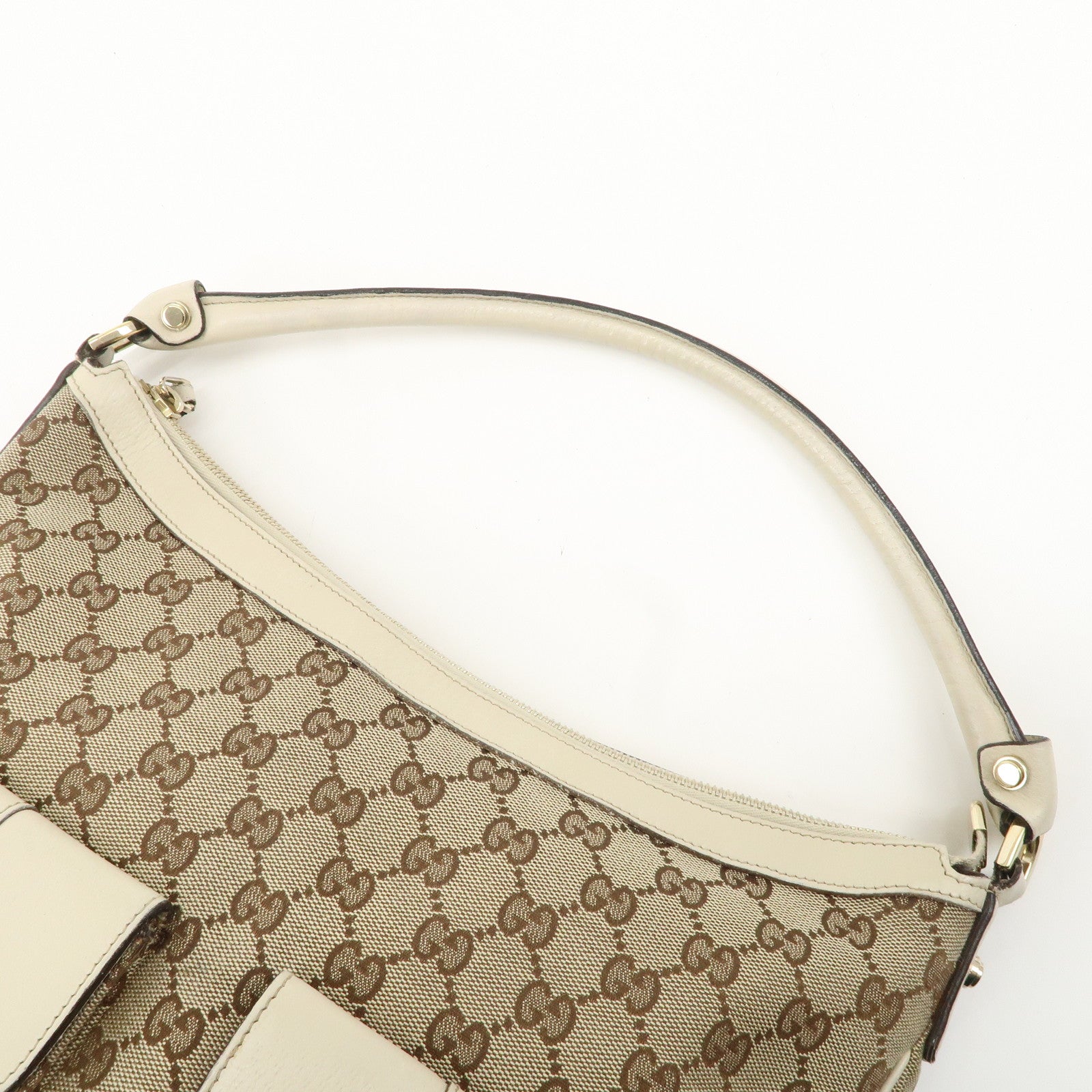 GUCCI GG Canvas Leather Shoulder Bag Beige Ivory 153025 Used