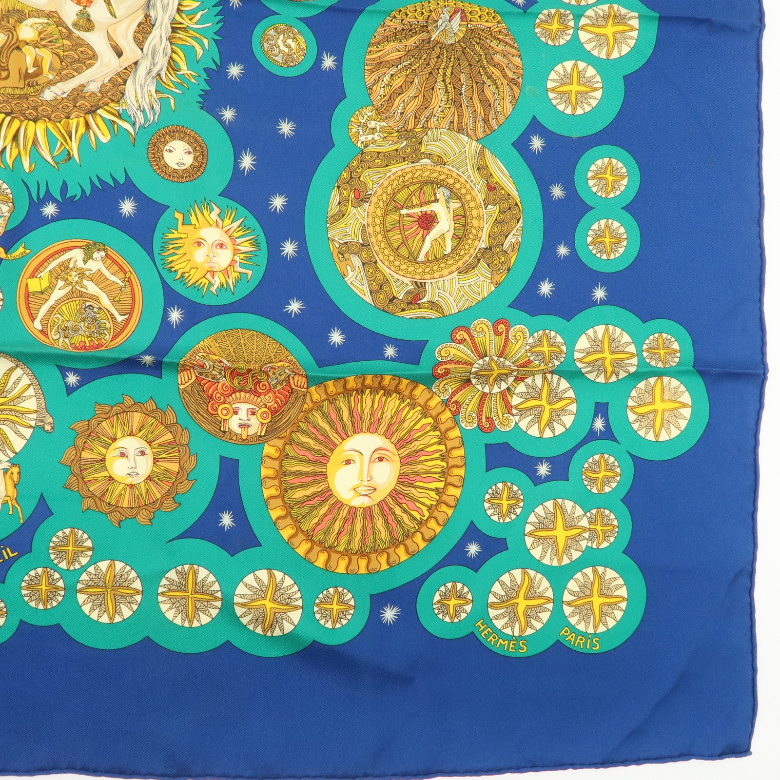 HERMES Carre 90 Silk 100% Scarf LE ROY SOLEIL Blue Green Gold Used