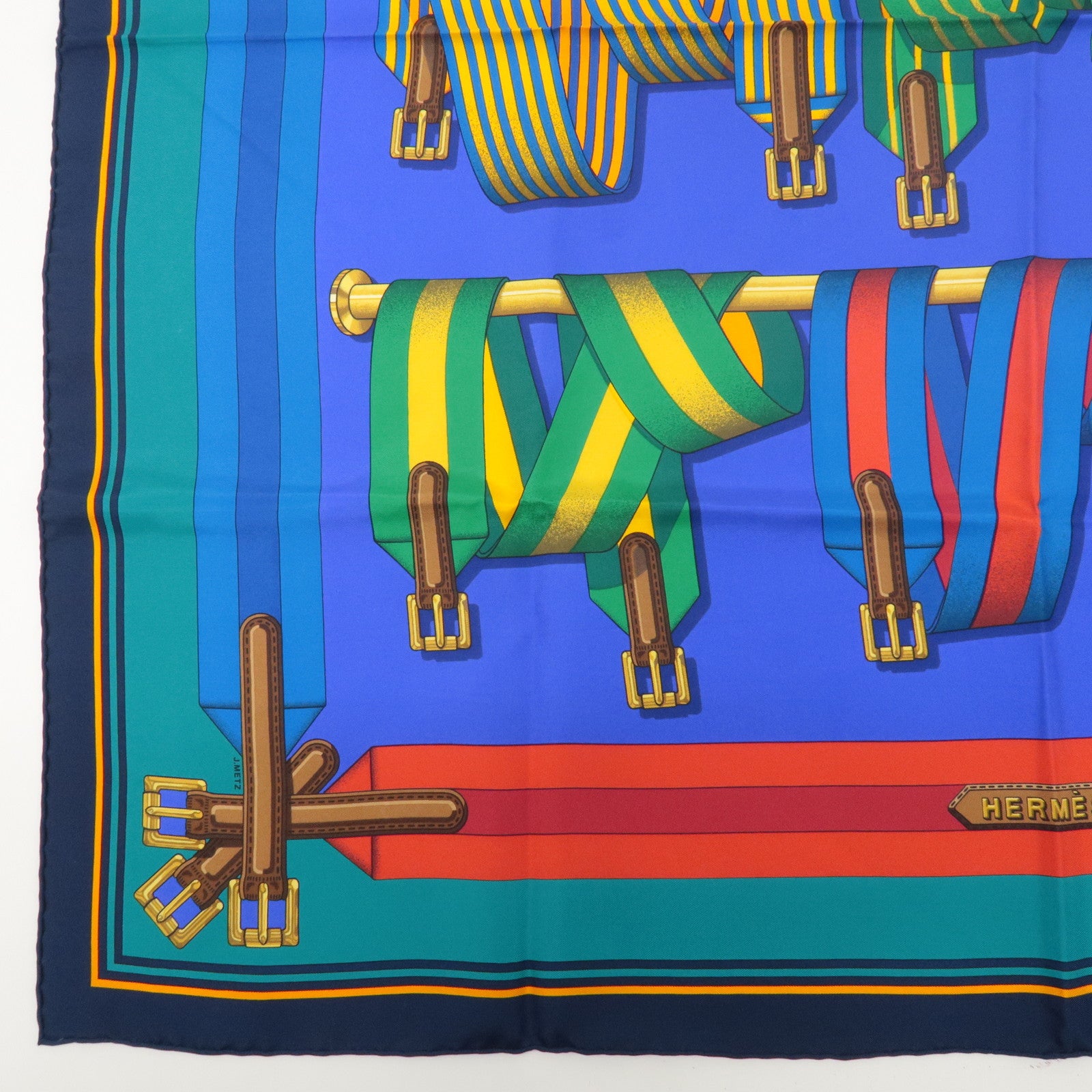 HERMES Carre 90 100% Silk Scarf Les Sangles Blue Green Yellow Red