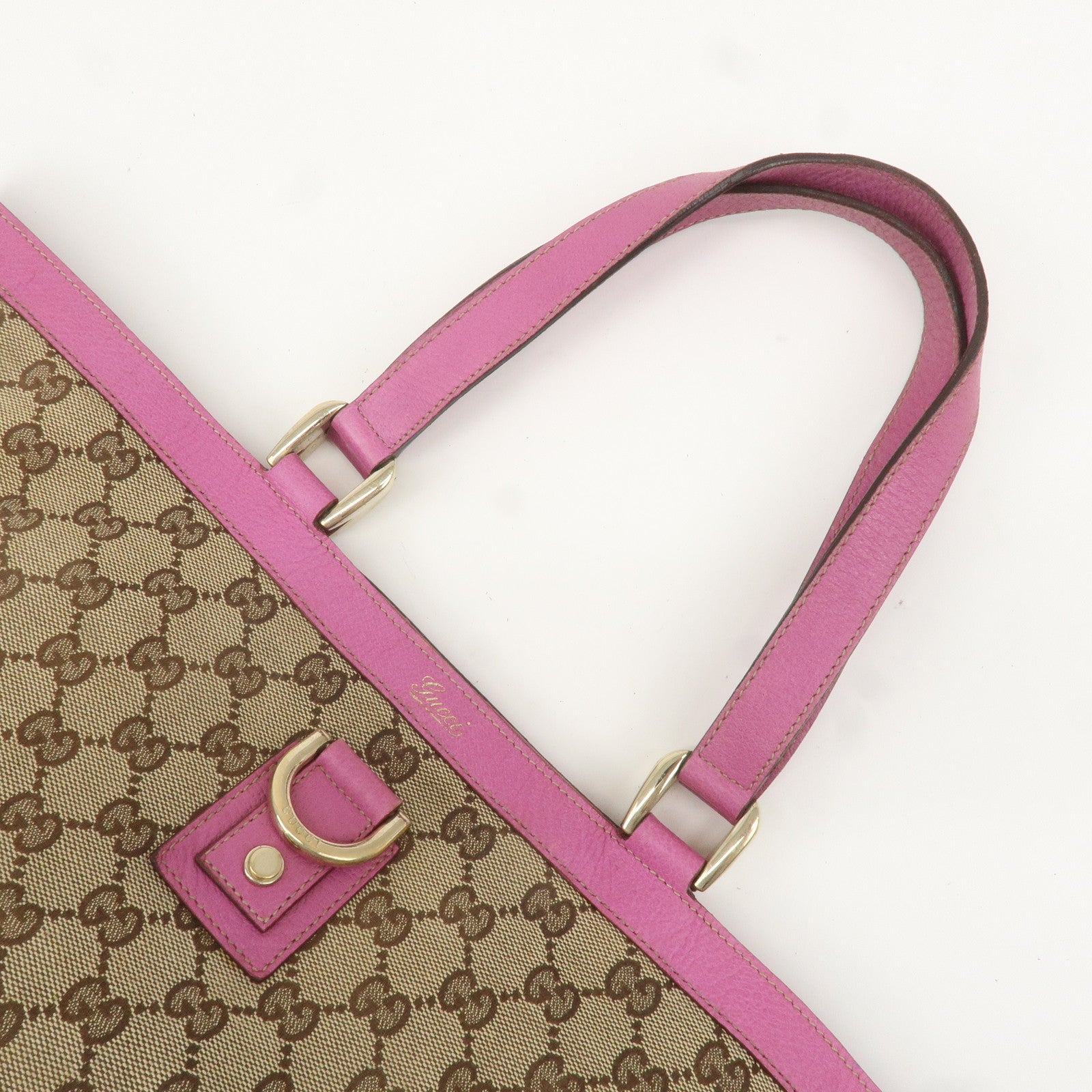 GUCCI Abbey Line GG Canvas Leather Tote Bag Beige Pink 141472