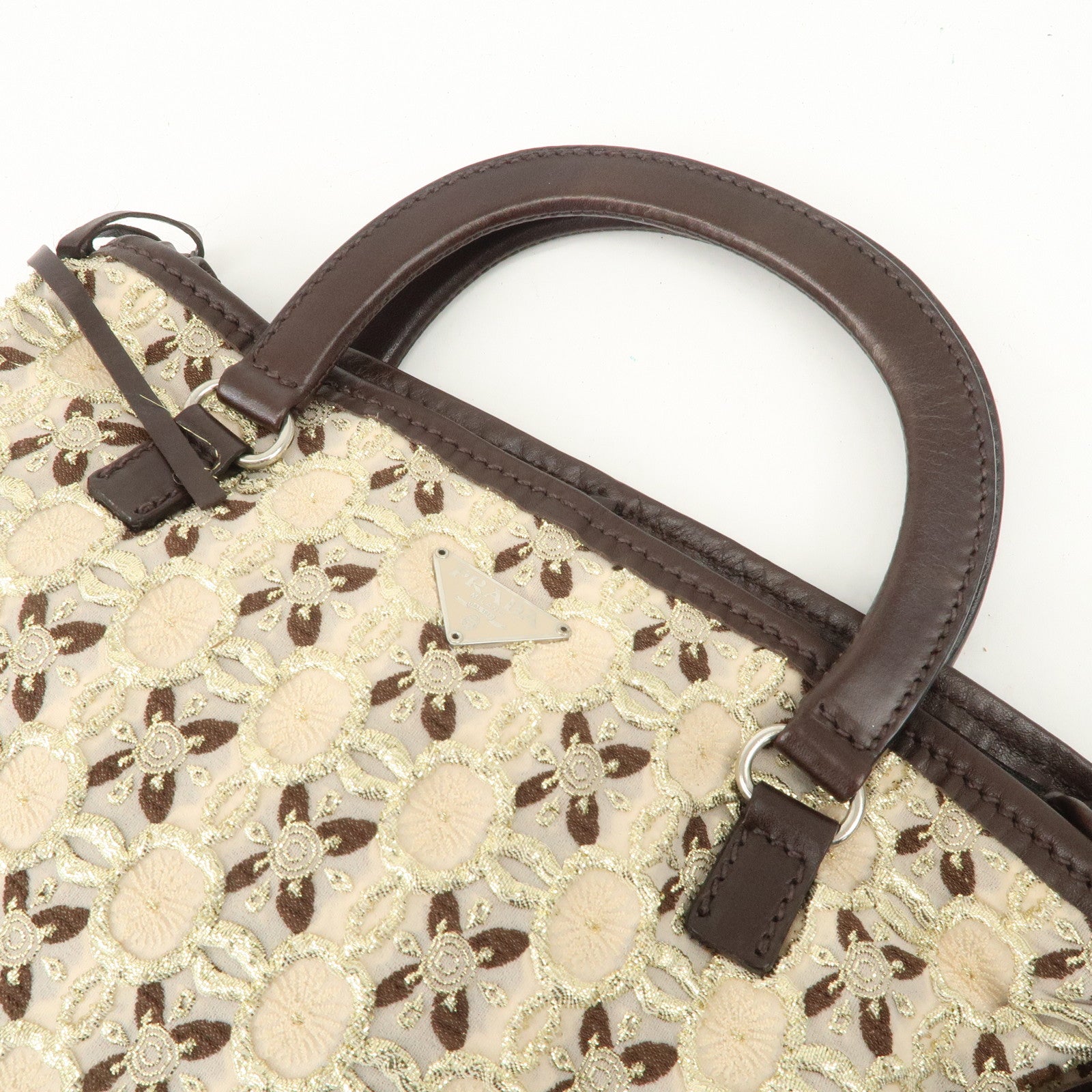 PRADA Tweed Flower Embroidery Tote Bag Beige Gold Dark Brown Used