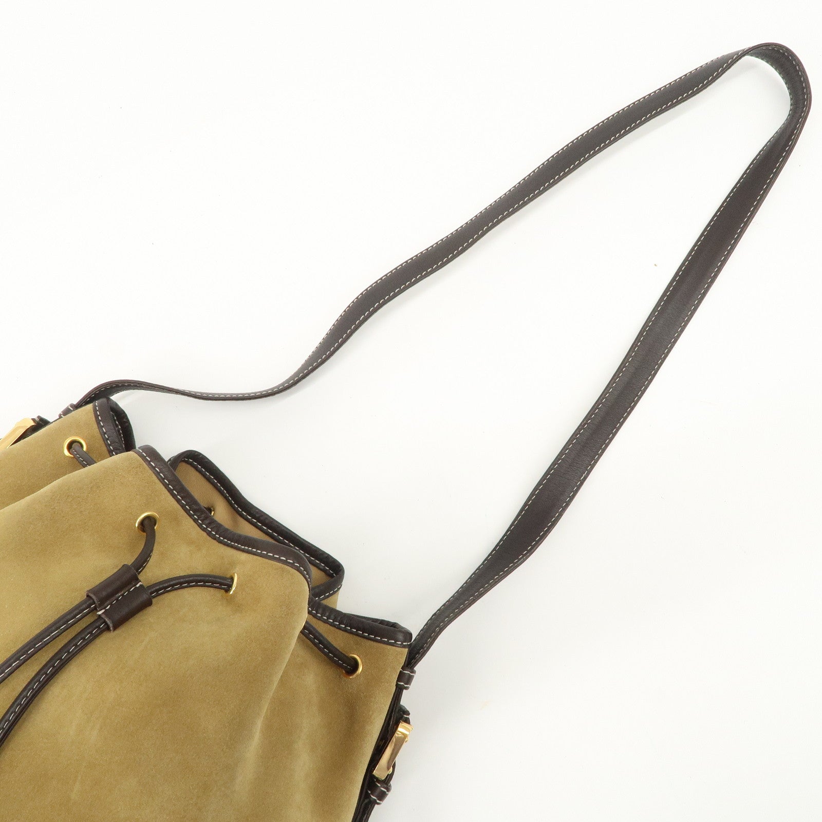 LOEWE Anagram Suede Leather Drawstring Shoulder Bag Beige Brown