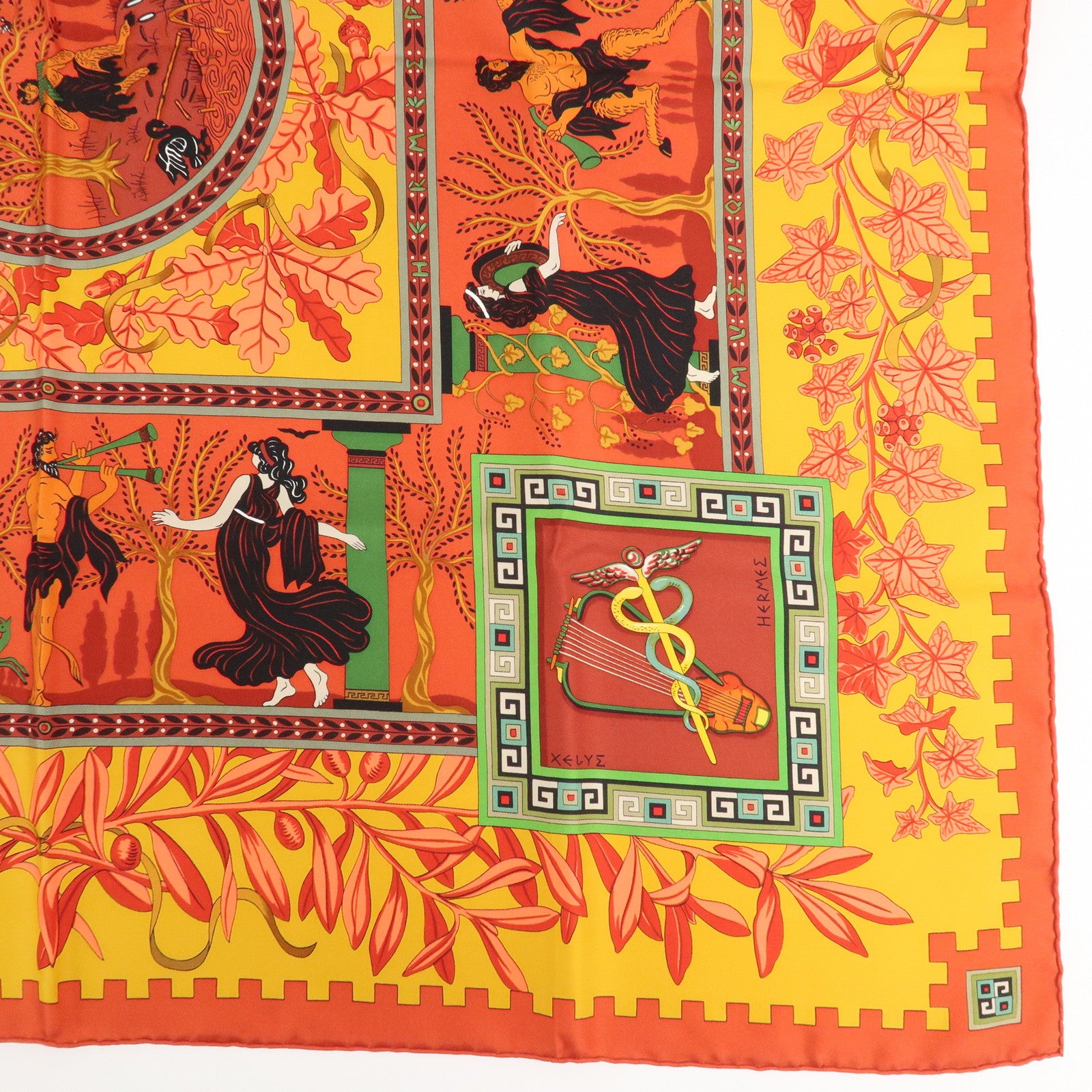 HERMES Carre 90 Silk 100% Scarf MUSIQUE DES DIEUX Red Orange Used