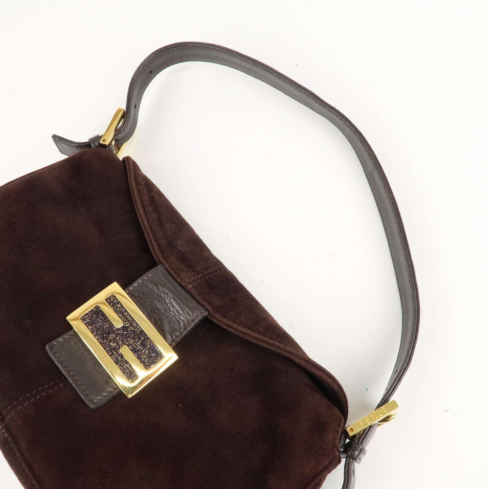 FENDI Suede Semi-Shoulder Bag Hand Bag Dark Brown Gold HDW 26725 Used