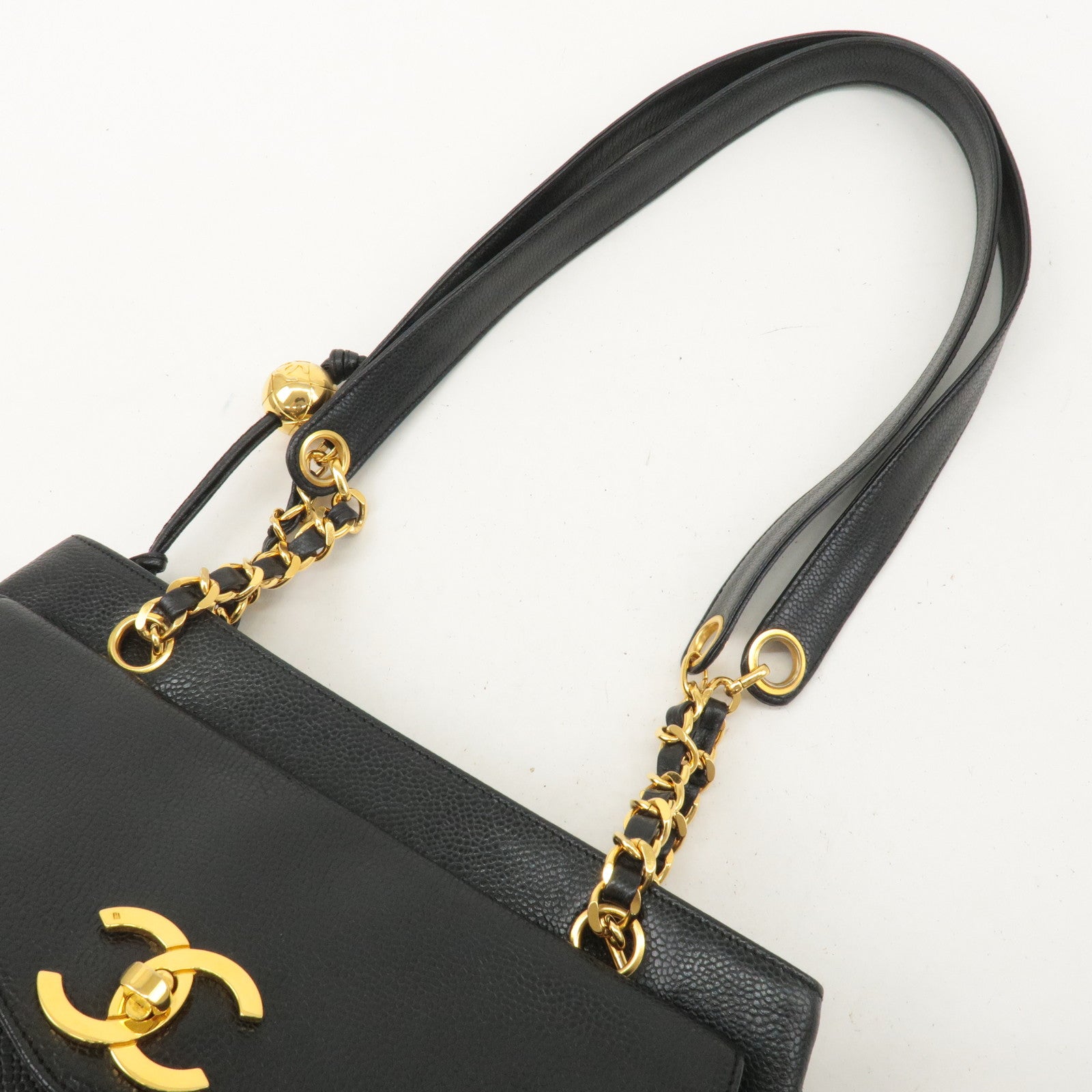 CHANEL Caviar Skin Chain Tote Bag Shoulder Bag Black Gold