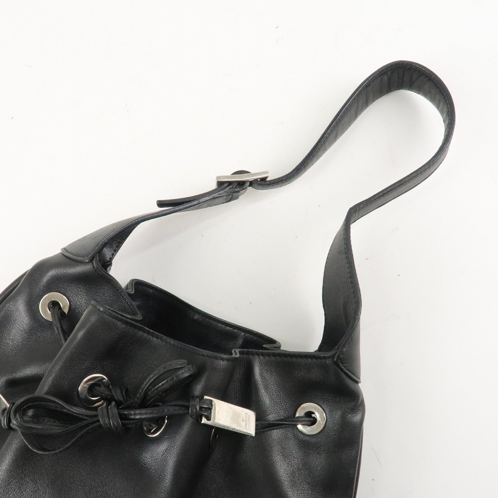 GUCCI Leather Shoulder Bag Drawstring Bag Black Silver 001.4034