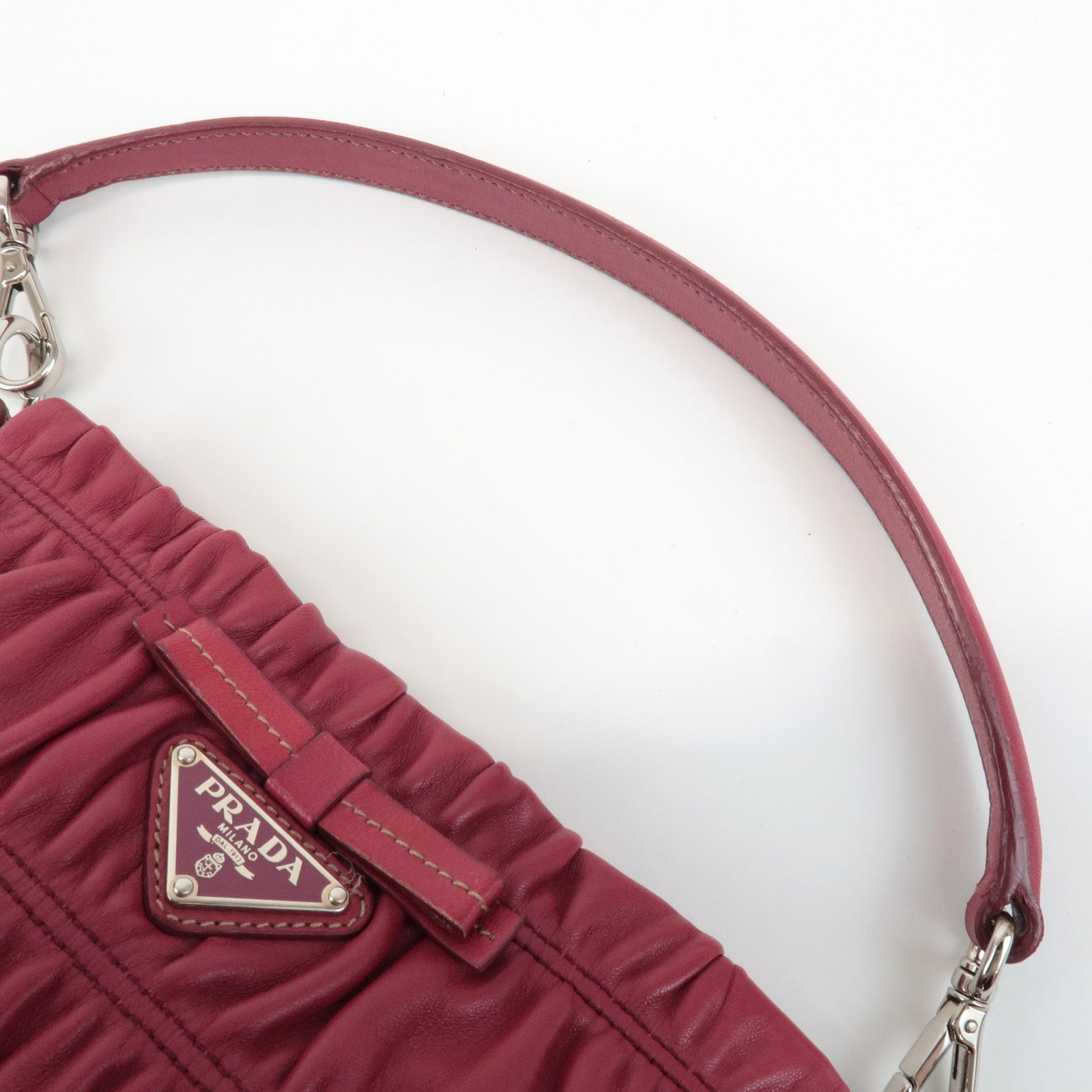 PRADA Logo Leather Gather Ribbon Hand Bag Shoulder Bag Red