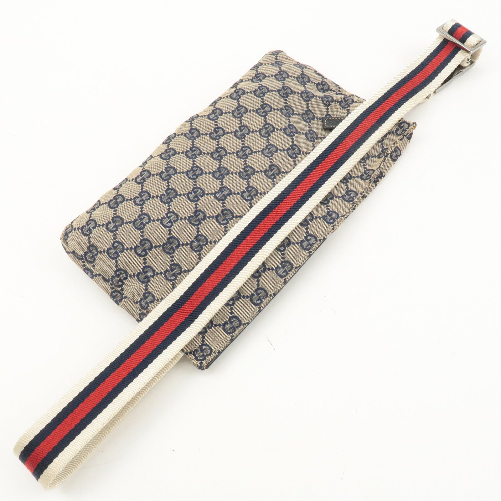 GUCCI Sherry GG Canvas Leather Waist Bag Beige Navy 28566