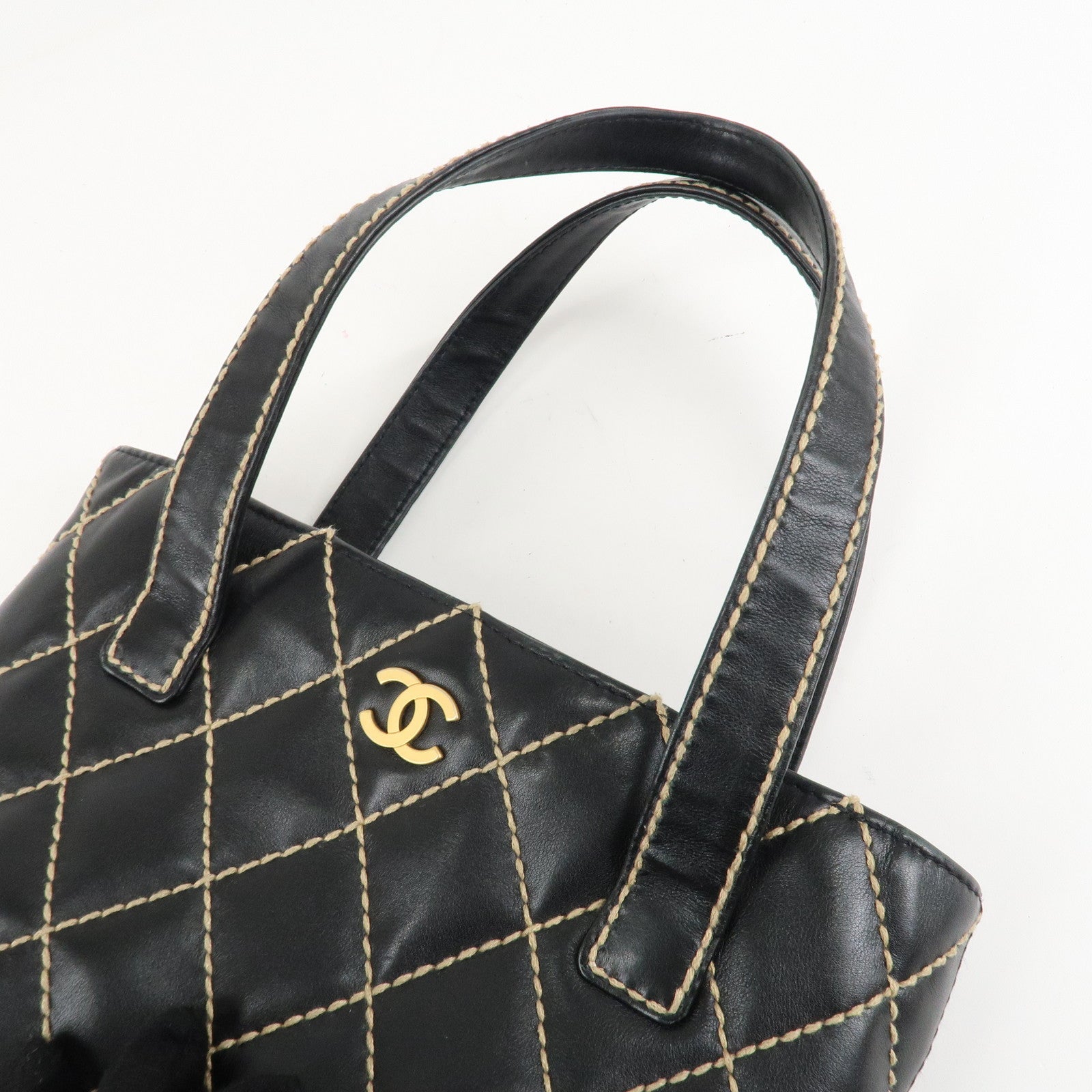 CHANEL Wild Stich Lamb Skin Tote Bag Hand Bag Black A18126 Used