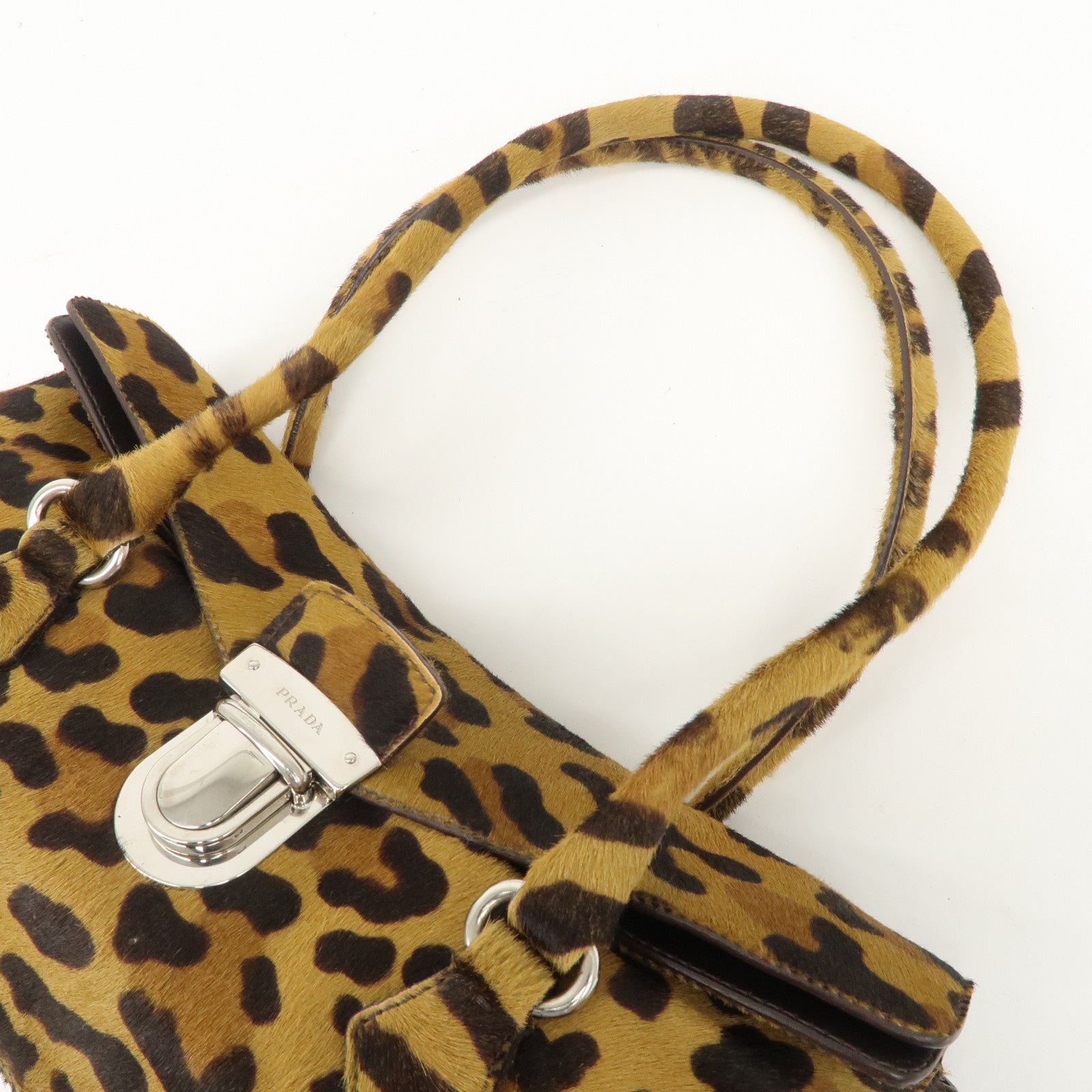 PRADA Logo Unborn Calf Leopard Shoulder Bag Hand Bag Brown