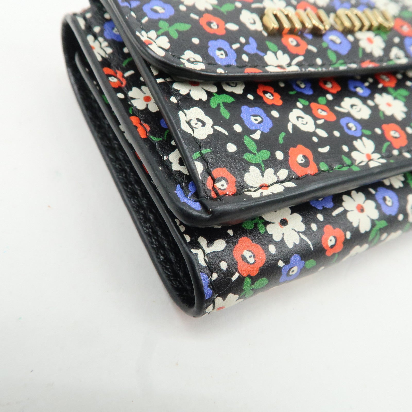 MIU MIU Leather Wallet Compact Flower Black Multicolor