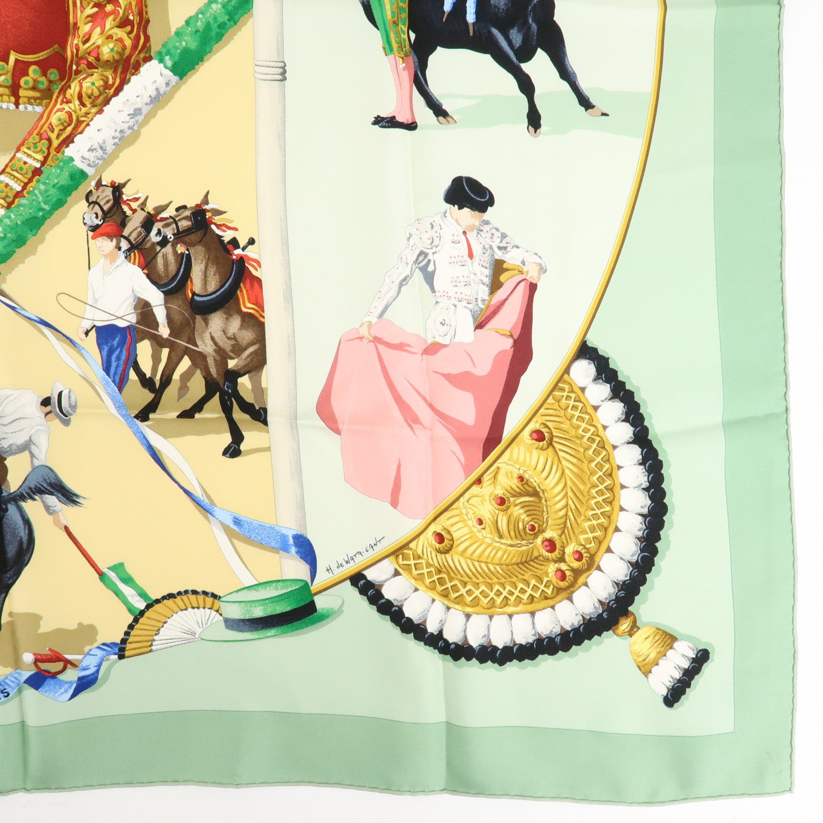 HERMES Carre90 Silk 100% Scarf PLAZA DE TOROS Green Red Yellow Used