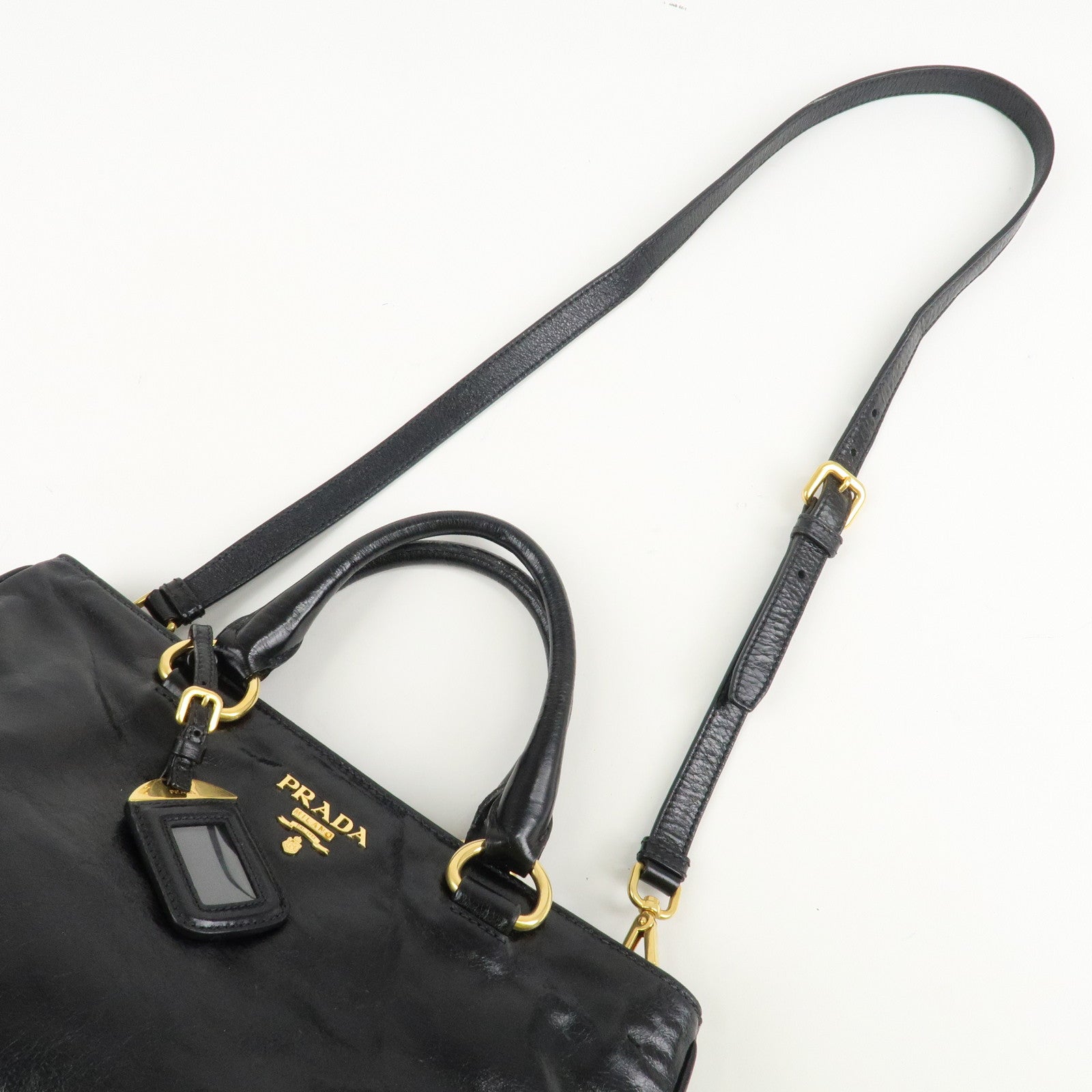 PRADA Leather 2way Bag Hand Bag Shoulder Bag Black Gold HDW