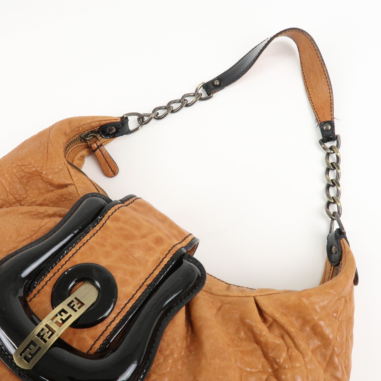 FENDI Leather Patent Leather Chain Shoulder Bag Brown 8BR563 Used