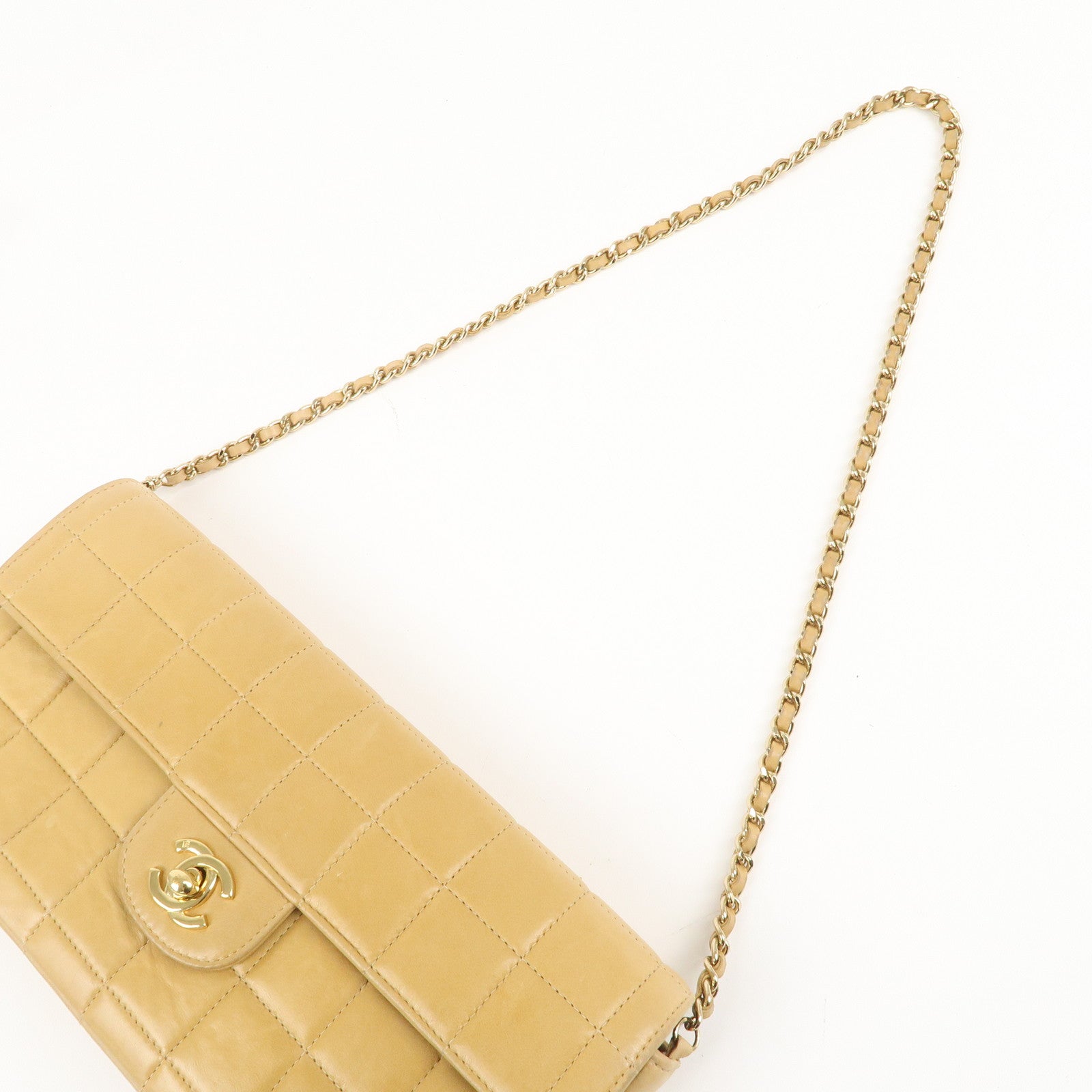 CHANEL Chocolate Bar Lamb Skin Chain Shoulder Bag Beige Gold