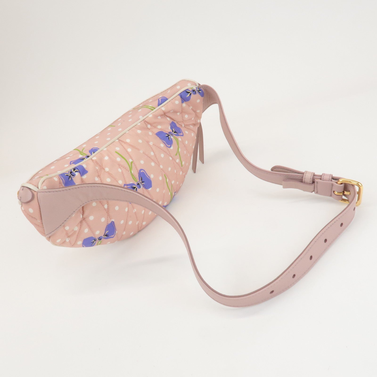 MIU MIU Matelasse Nylon Leather Flower Dots Body Bag Pink Used