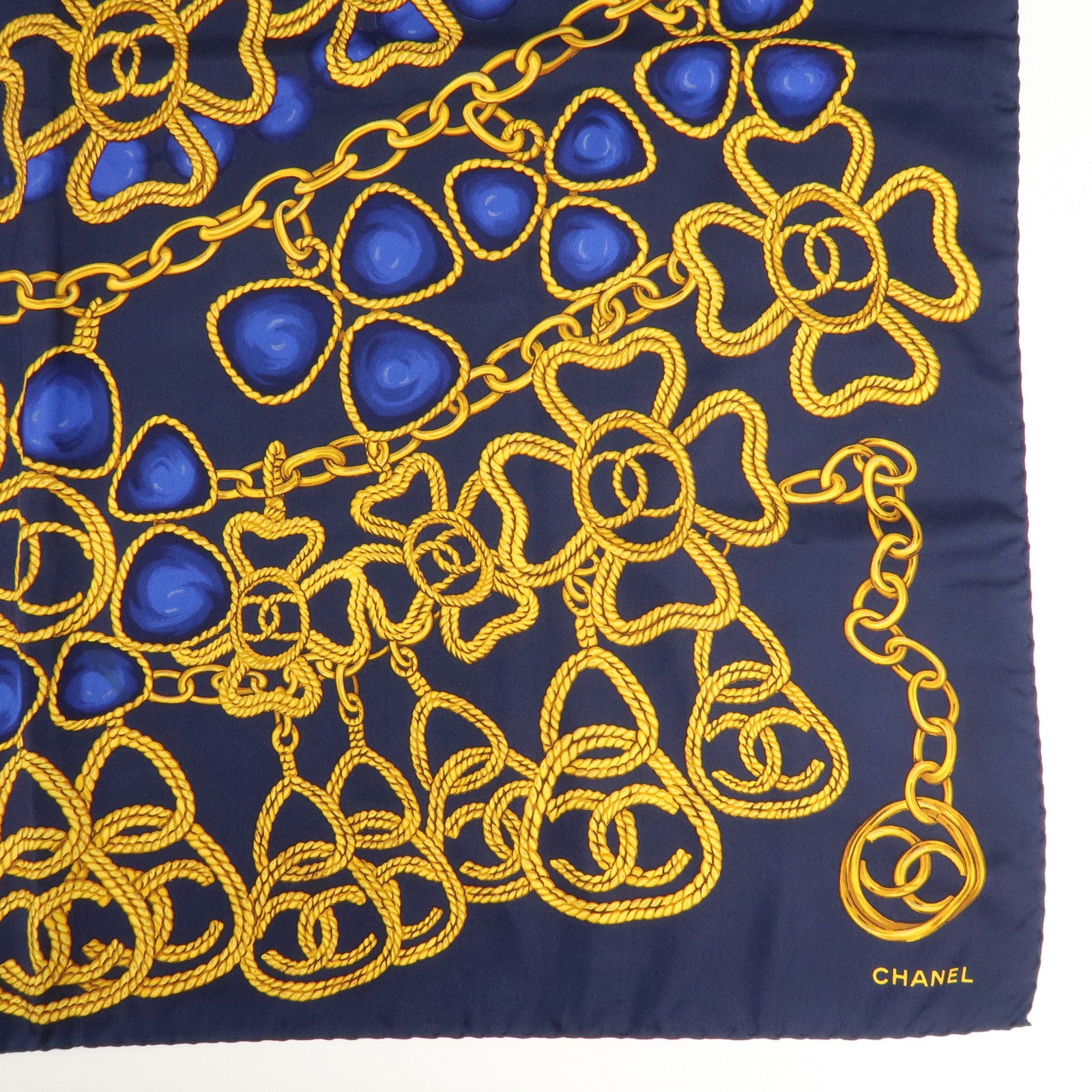 CHANEL Silk 100% Scarf Chain Pattern Navy Gold Blue Used