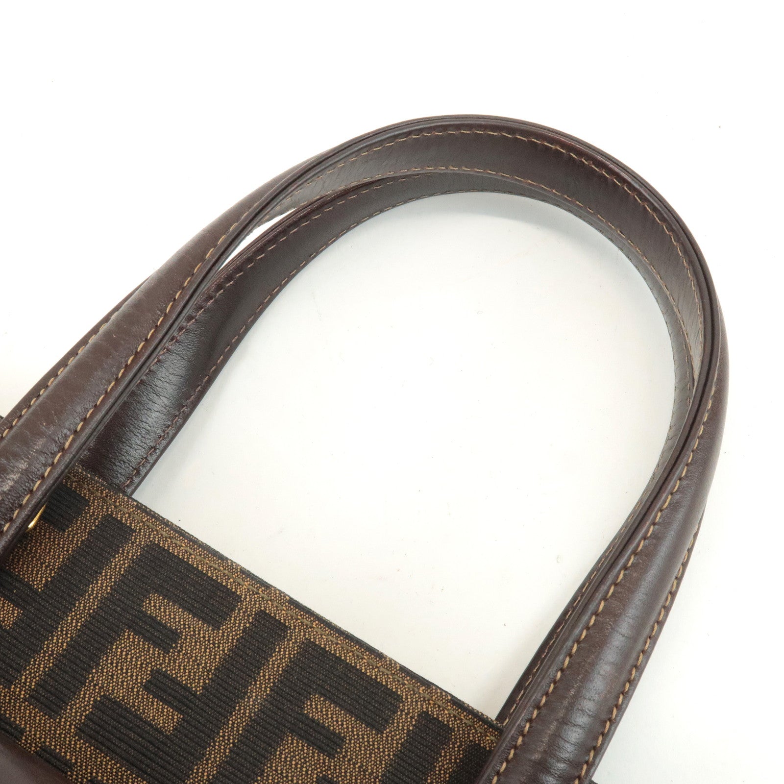 FENDI Zucca Canvas Leather Boston Bag Hand Bag Brown Black