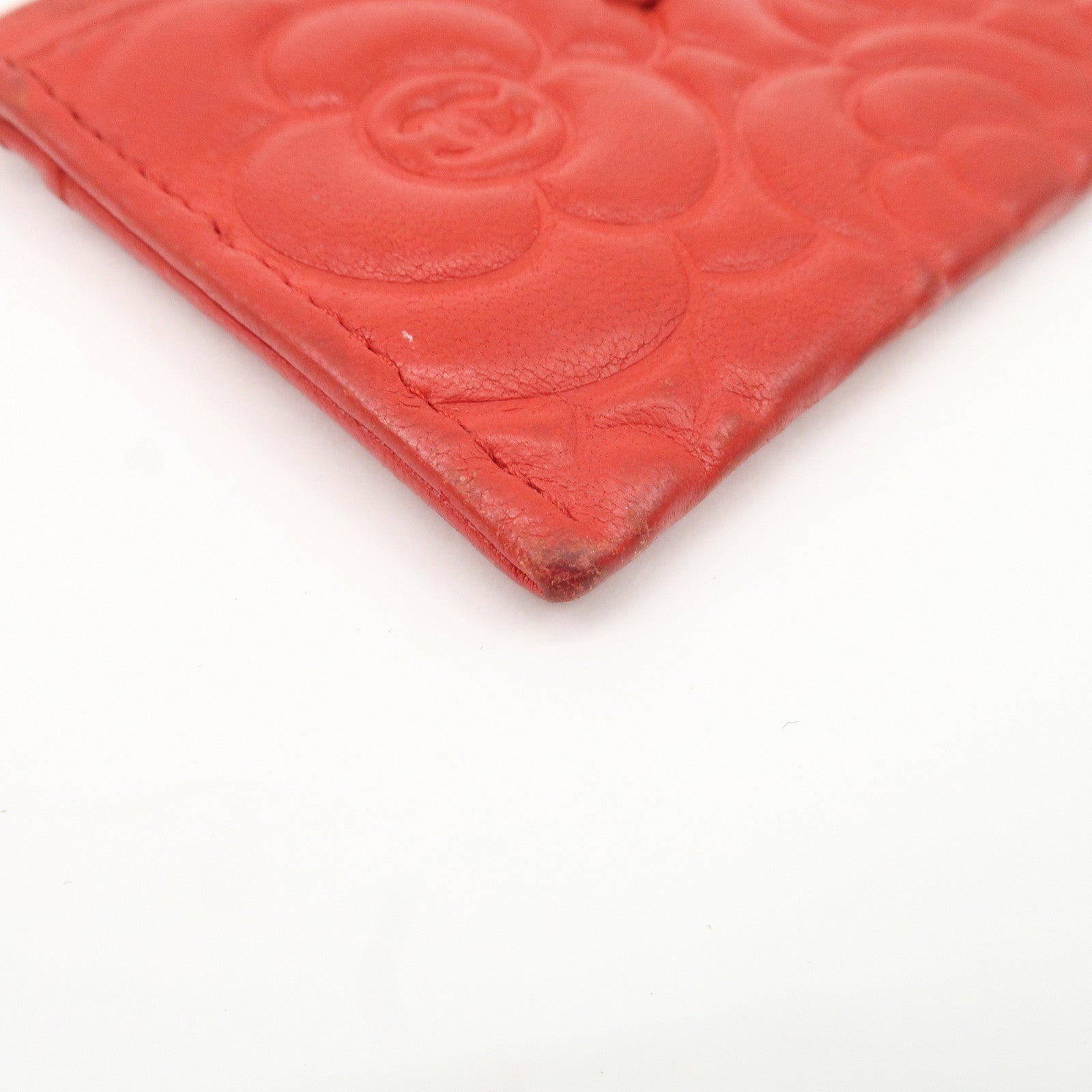 CHANEL Camellia Lambskin Embossed Card Case Red A3173855 Used