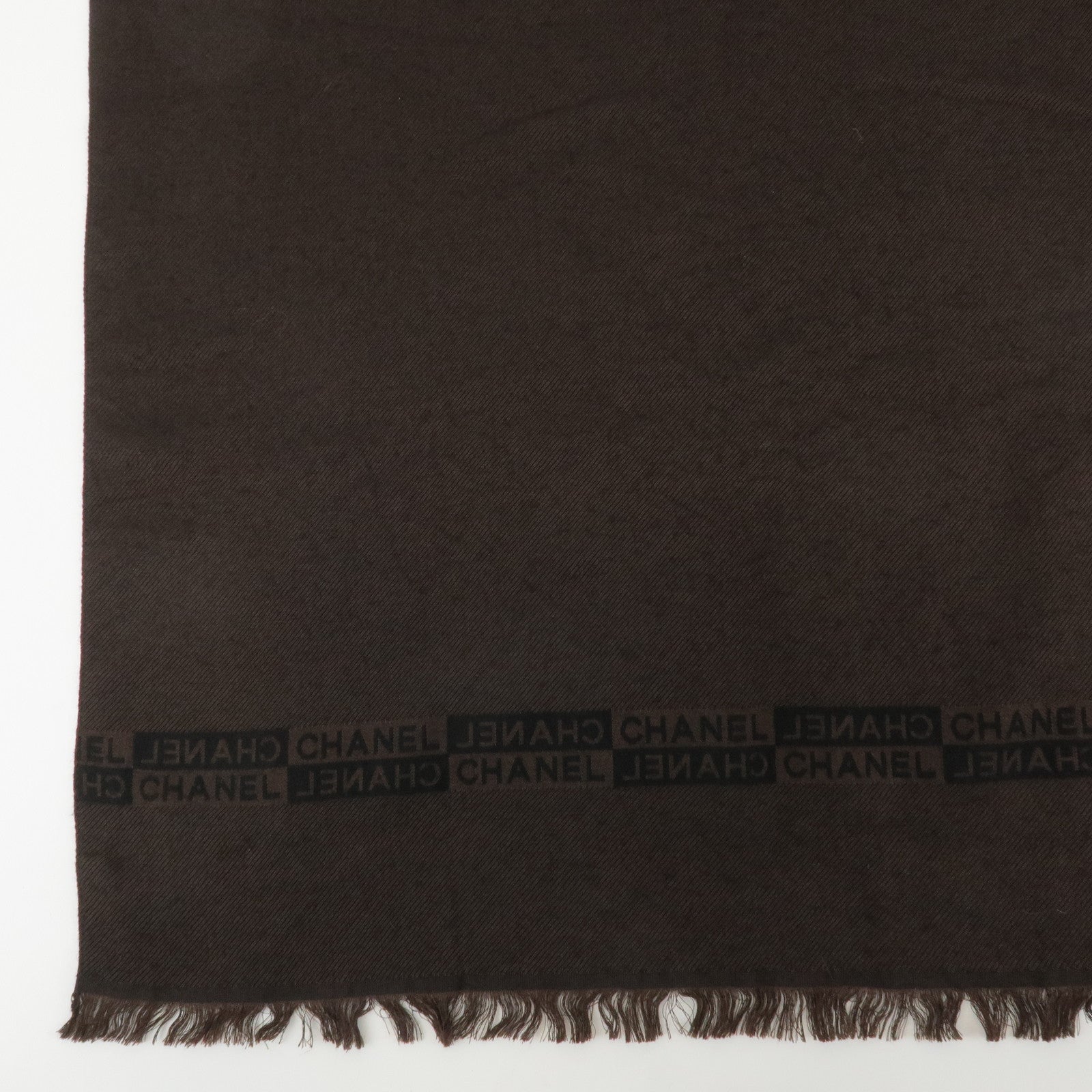 CHANEL SIlk Wool Shawl Scarf 190×55 Dark Brown Black Used