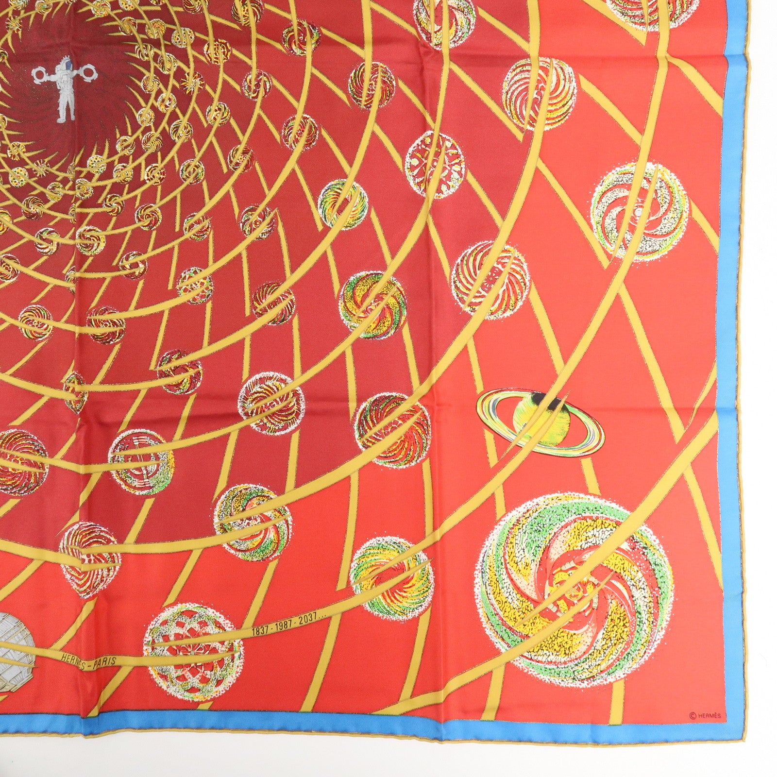 HERMES Carre 90 Silk 100% Scarf LES FEUX DE LESPACE Red Gold Blue Used