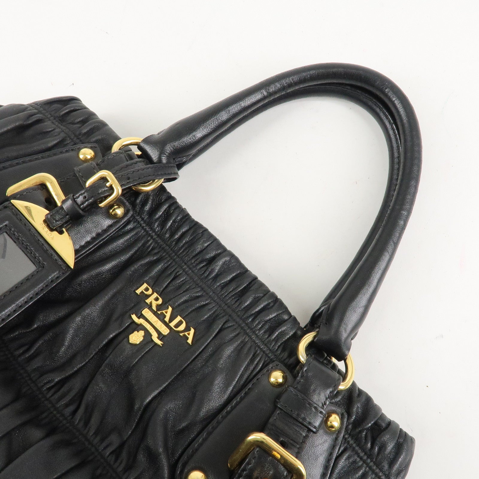 PRADA Leather 2Way Bag Hand Bag Shoulder Bag Used Black Gold HDW Used