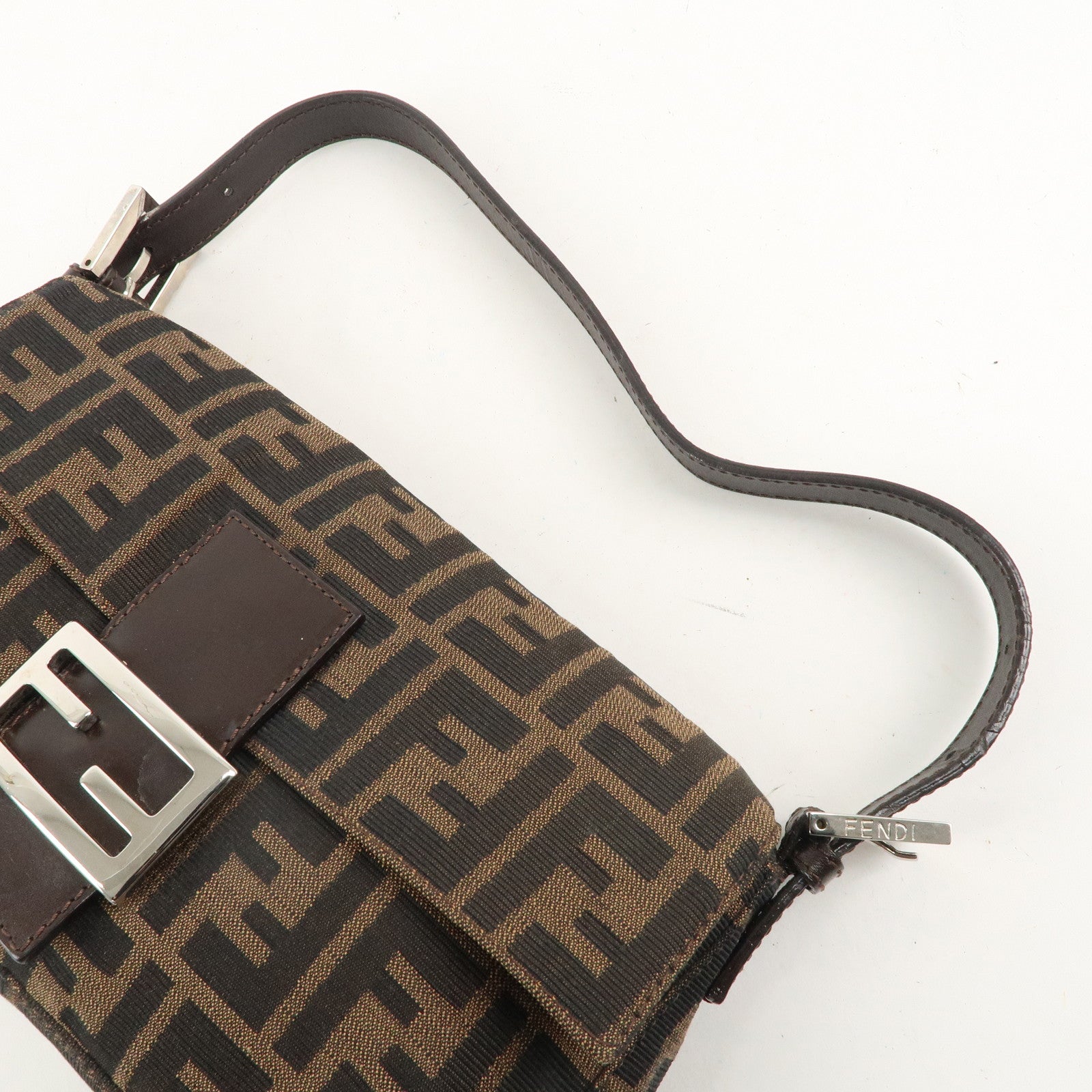 FENDI Mamma Baguette Canvas Leather Shoulder Bag Brown Black 26424