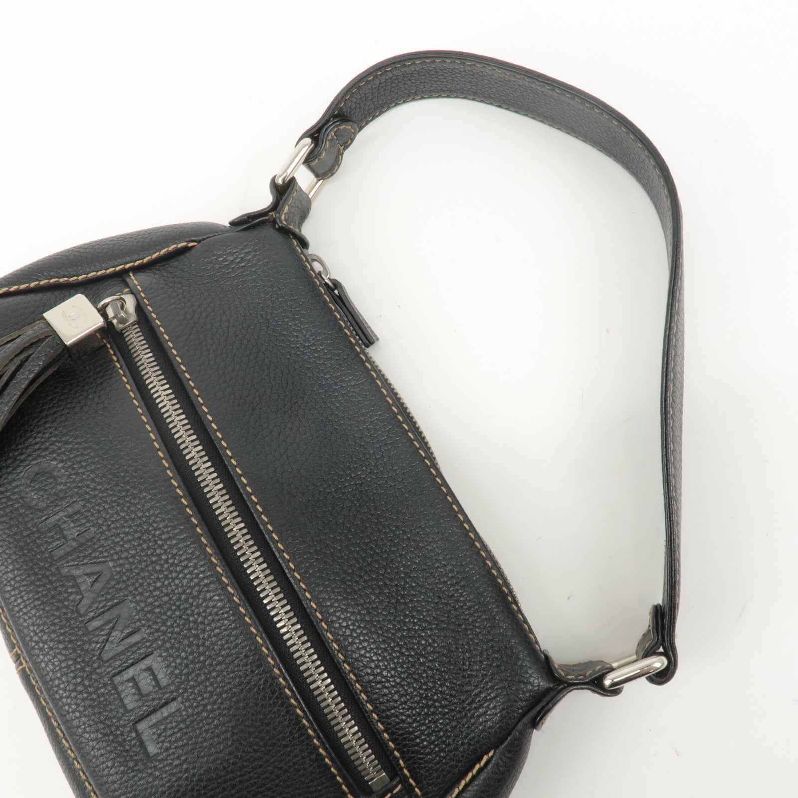 CHANEL Leather Shoulder Bag Black Silver