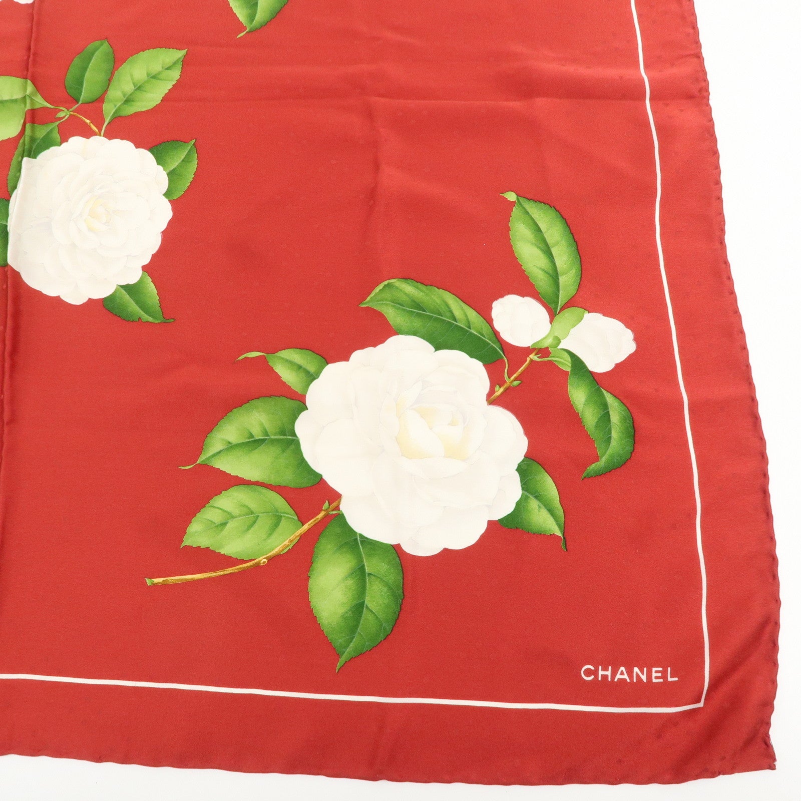 CHANEL Scarf Silk 100% Camelia 90×90 Red Used