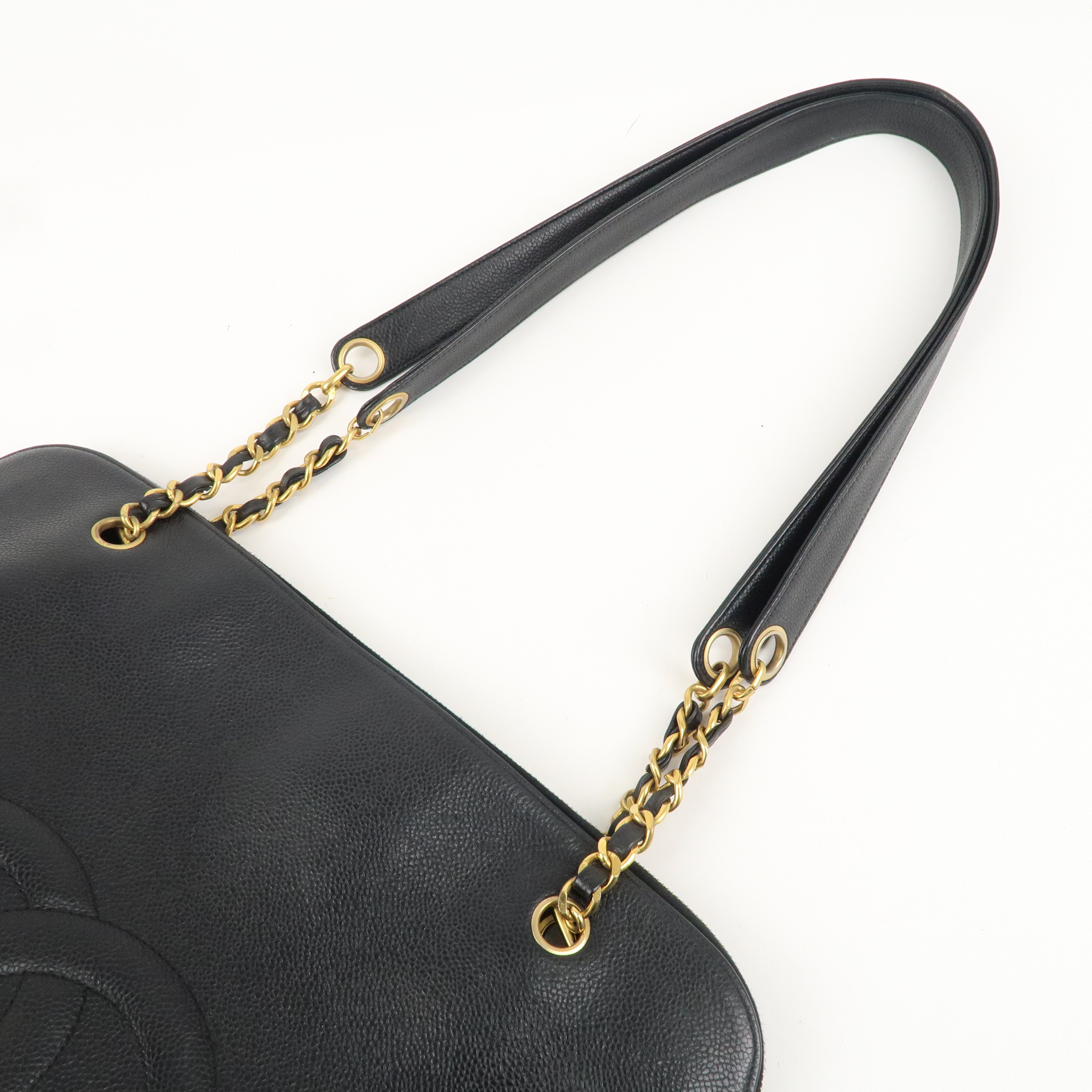 CHANEL Caviar Skin Coco Mark Chain Shoulder Bag Black Gold