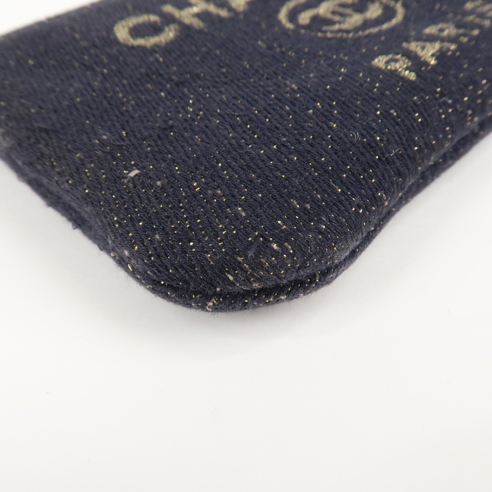 CHANEL Deauville Tweed Leather Pouch Coin Pouch Navy Gold Used