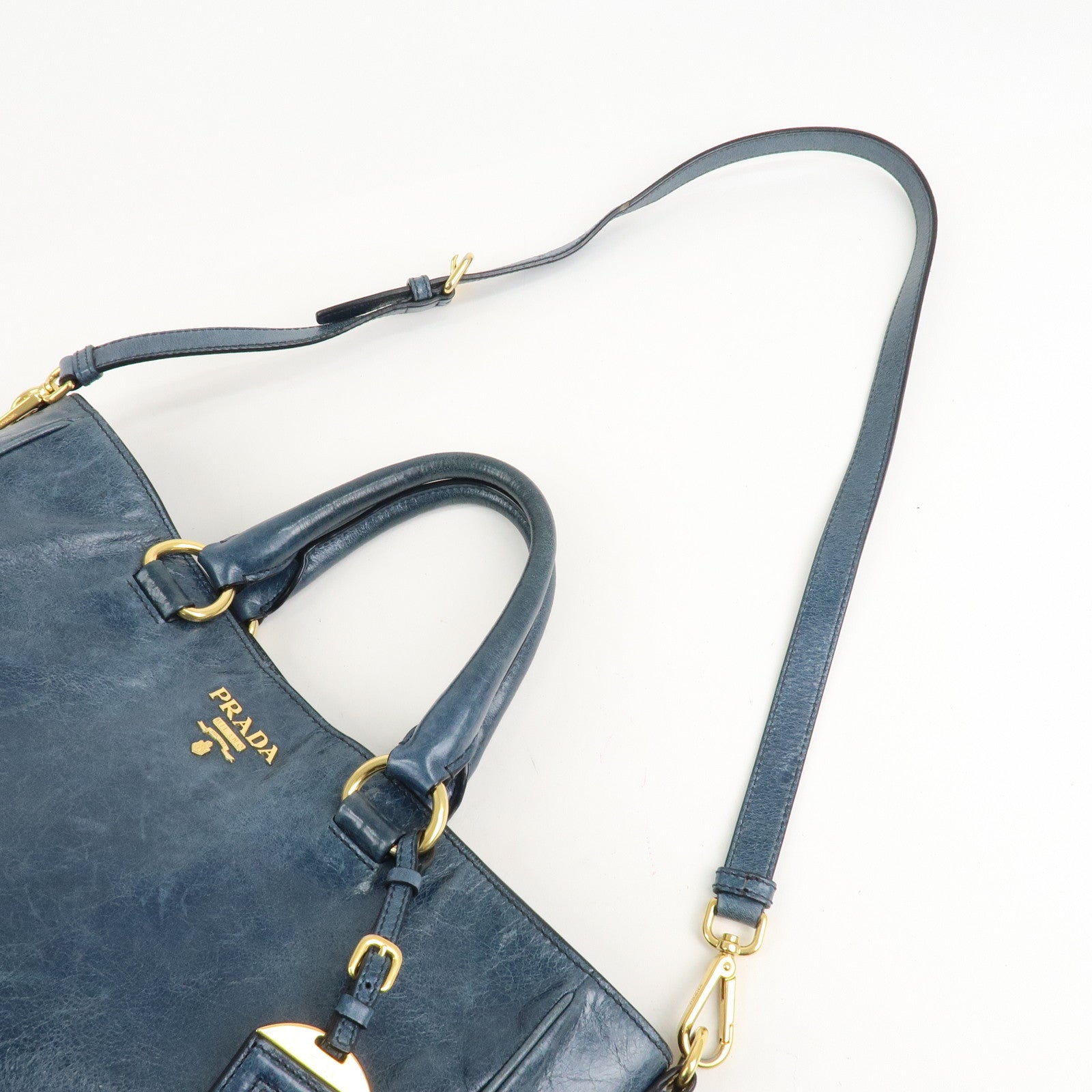 PRADA Leather 2Way Bag Hand Bag Shoulder Bag Blue BN2325 Used