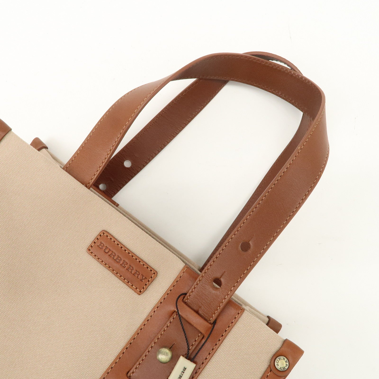 BURBERRY Leather Canvas Tote Bag Hand Bag Beige Brown