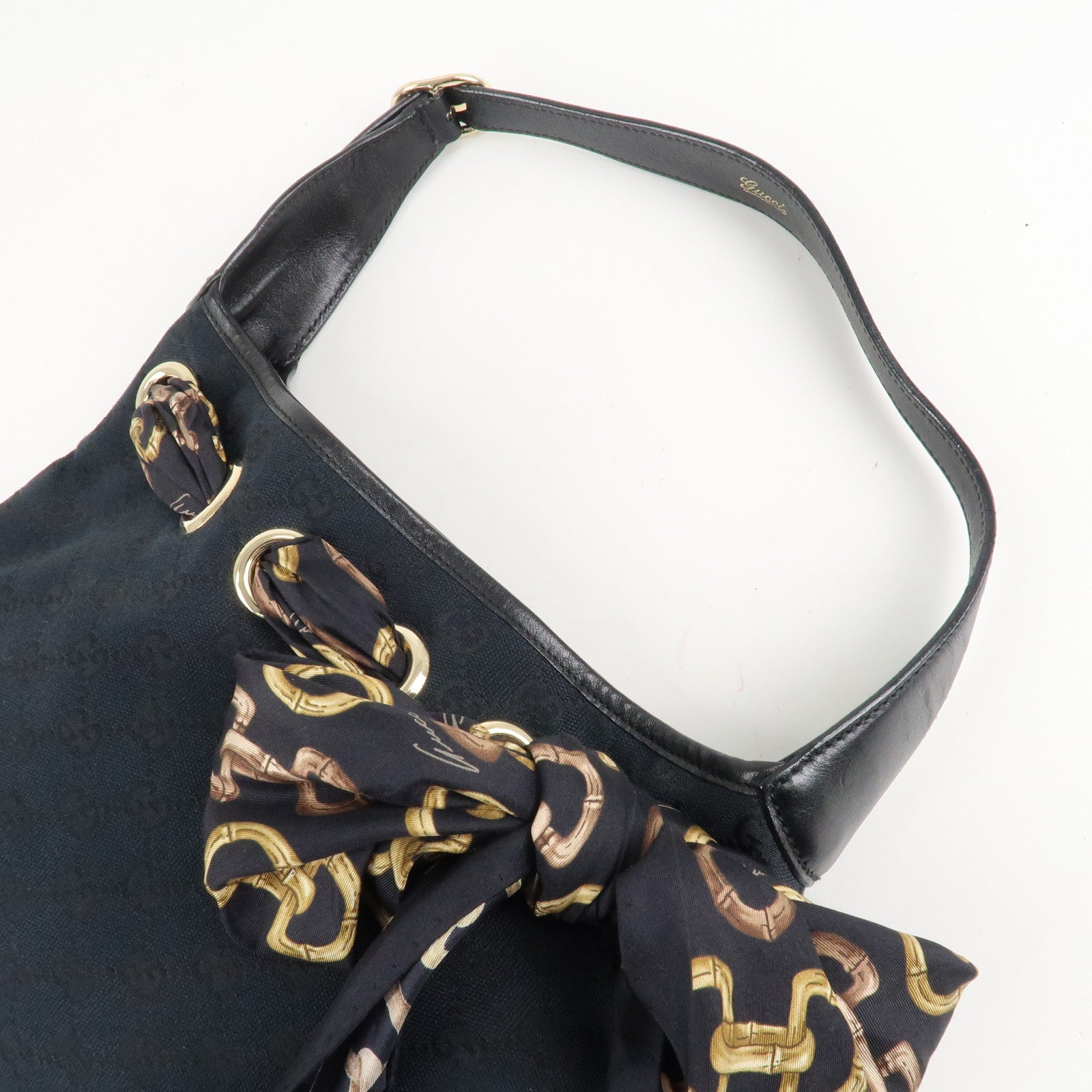 GUCCI GG Canvas Leather Scarf Shoulder Bag 155562 Black Used