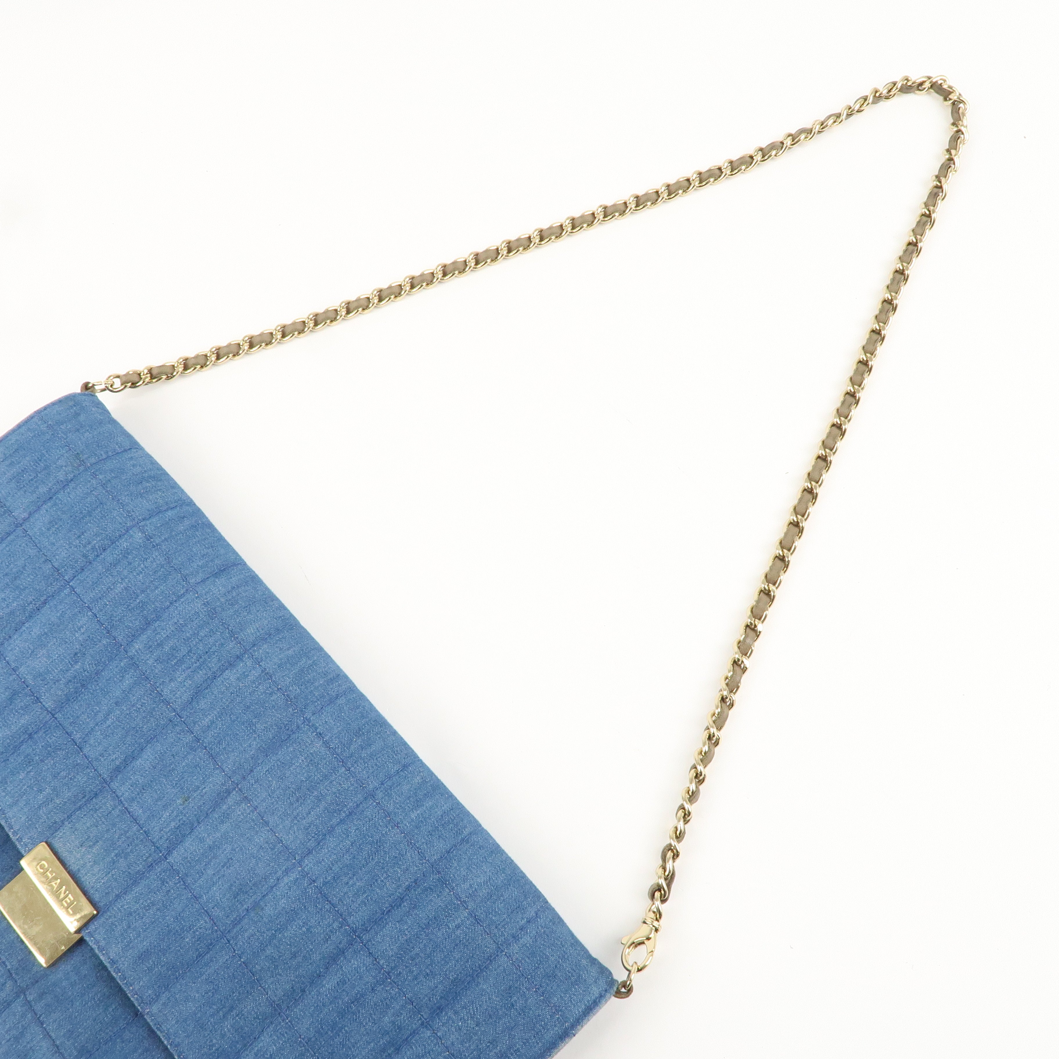 CHANEL Chocolate Bar Denim Leather Chain Wallet Blue