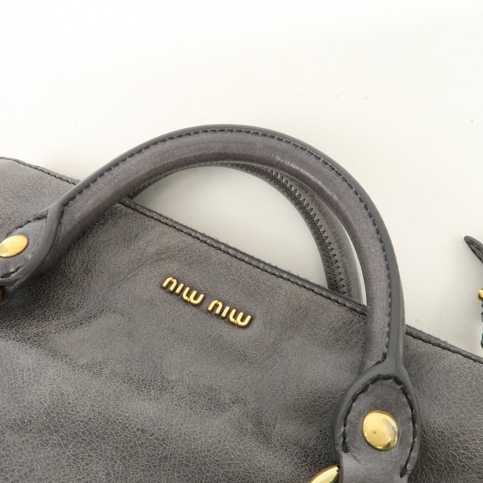 MIU MIU Leather Side Ribbon 2Way Shoulder Bag Hand Bag Gray Used