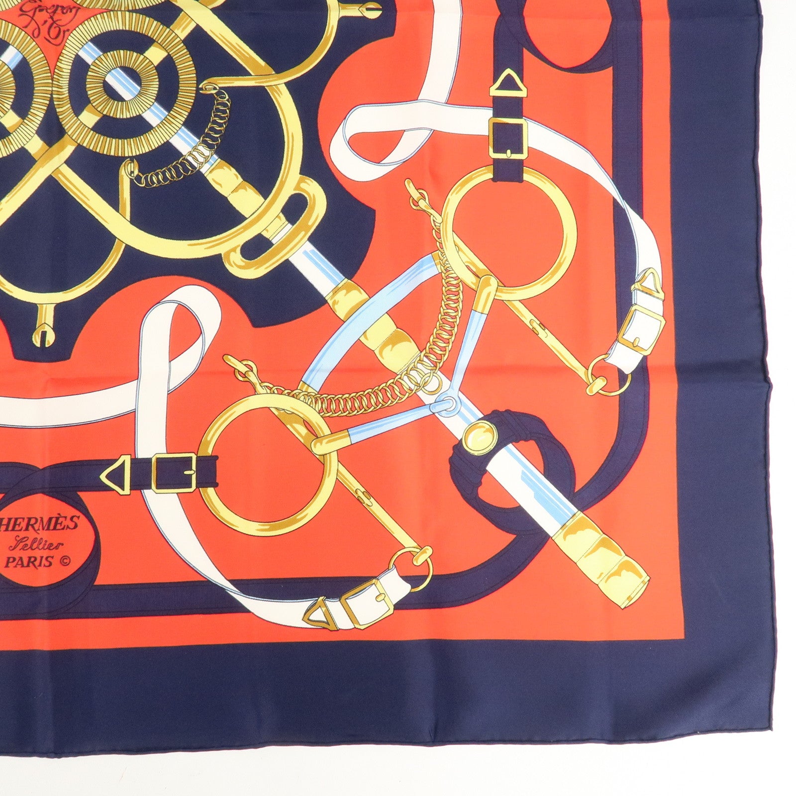 HERMES Carre 90 100% Silk Scarf Eperon d
or Red Navy Gold Used