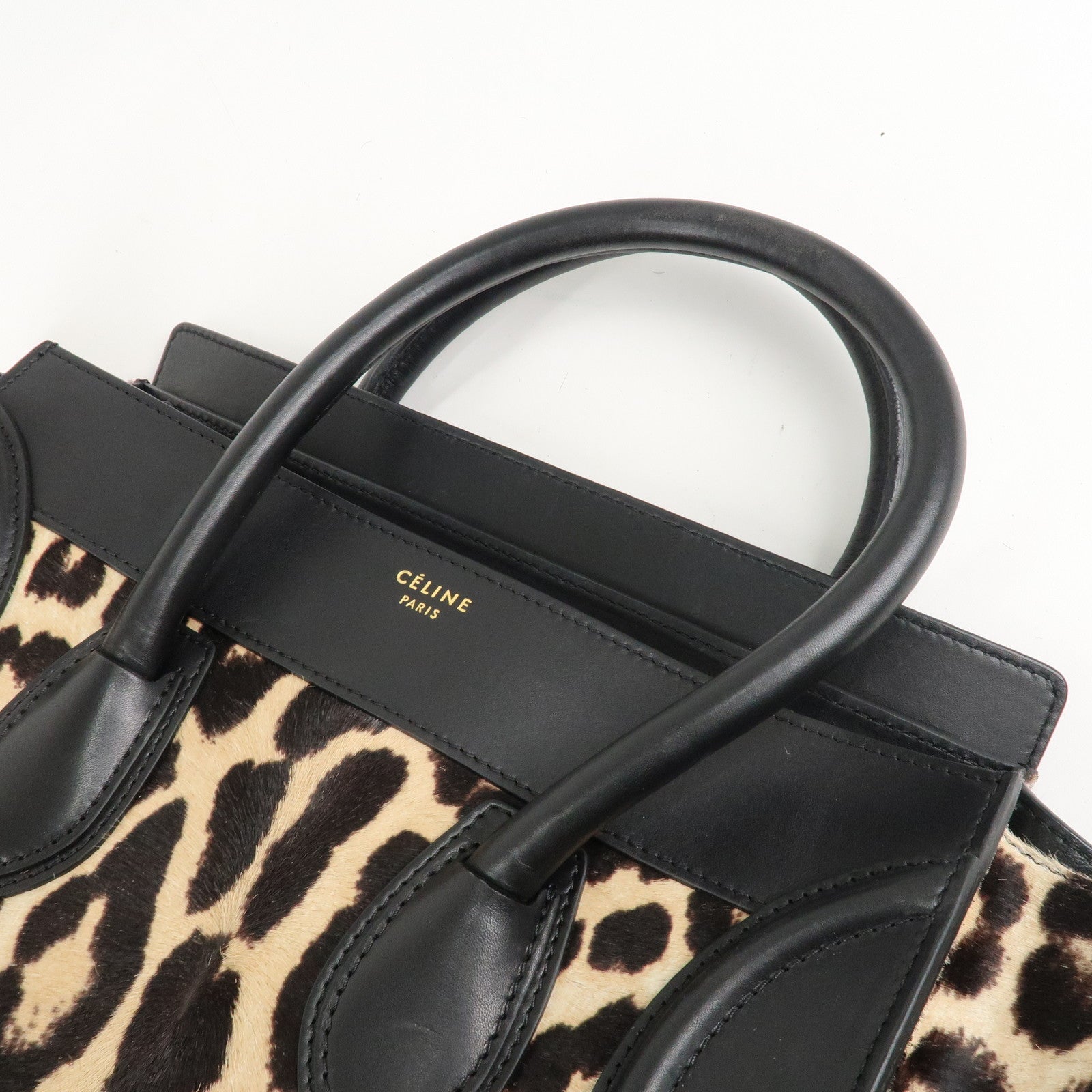 CELINE Mini Shopper Unborn Calf Leather Luggage Leopard 165213 Used