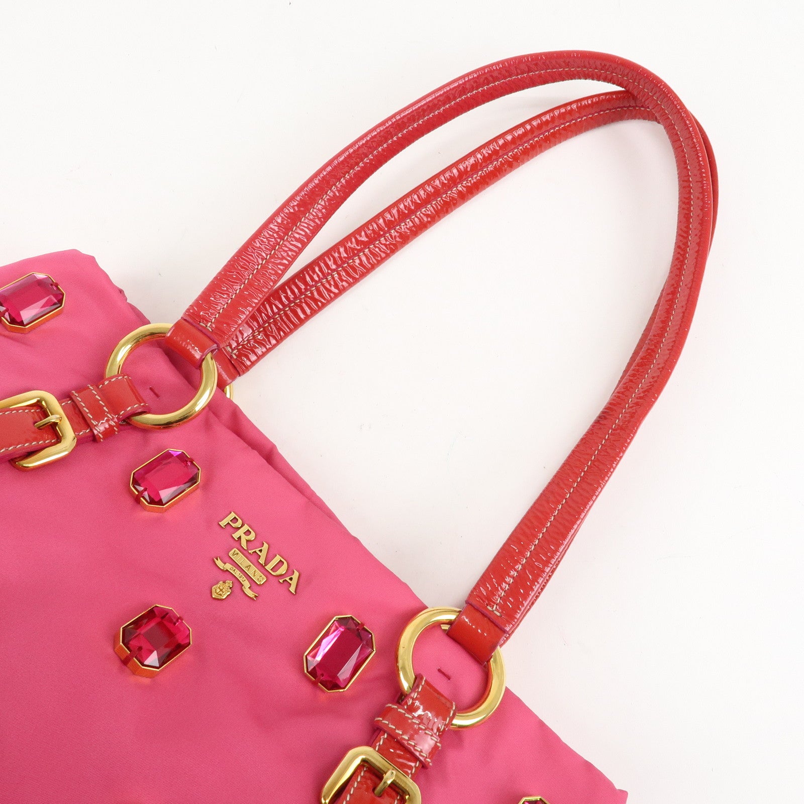 PRADA Nylon Patent Leather Bijou Tote Bag Pink Red BR4138 Used