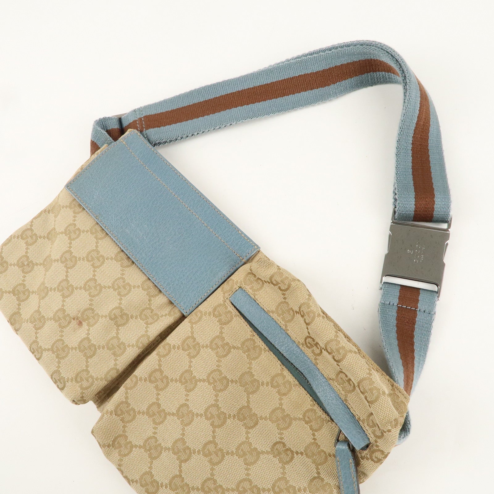 GUCCI Sherry GG Canvas Leather Waist Bag Beige Blue 28566