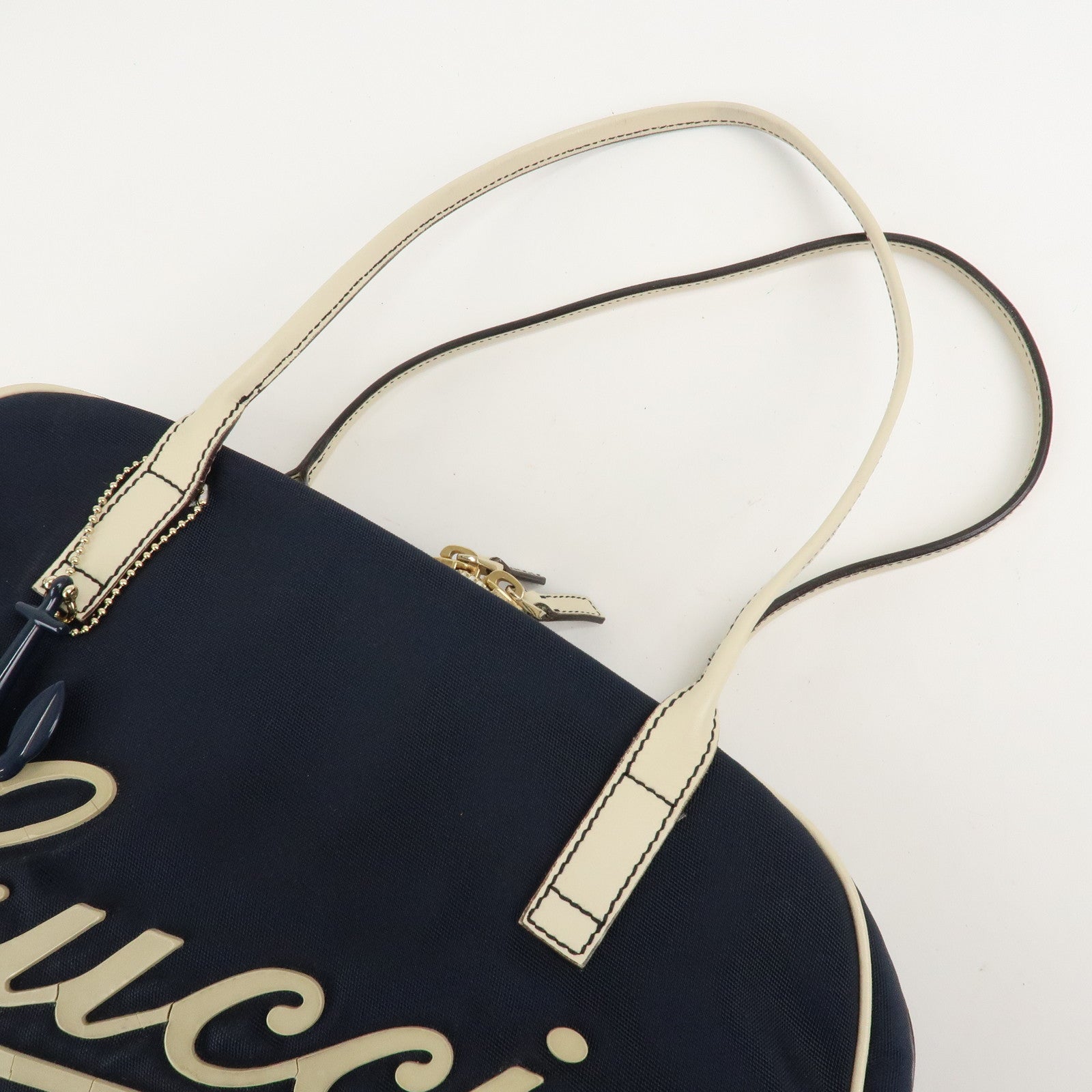 GUCCI Canvas Leather Boston Bag Hand Bag Navy Ivory 169973 Used