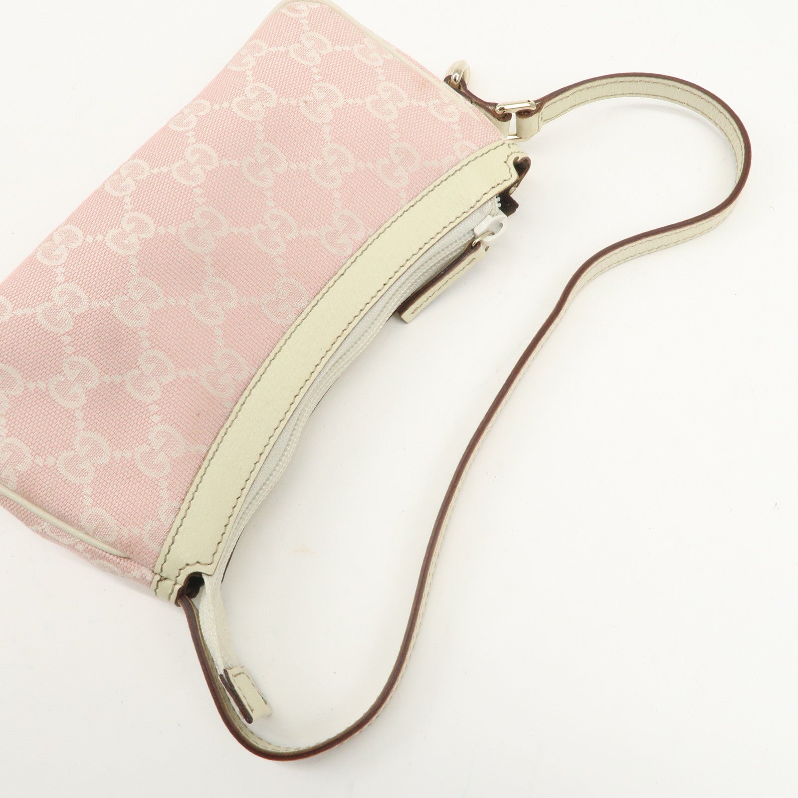 GUCCI GG Canvas Leather Hand Bag Pouch Pink Ivory 154432 Used