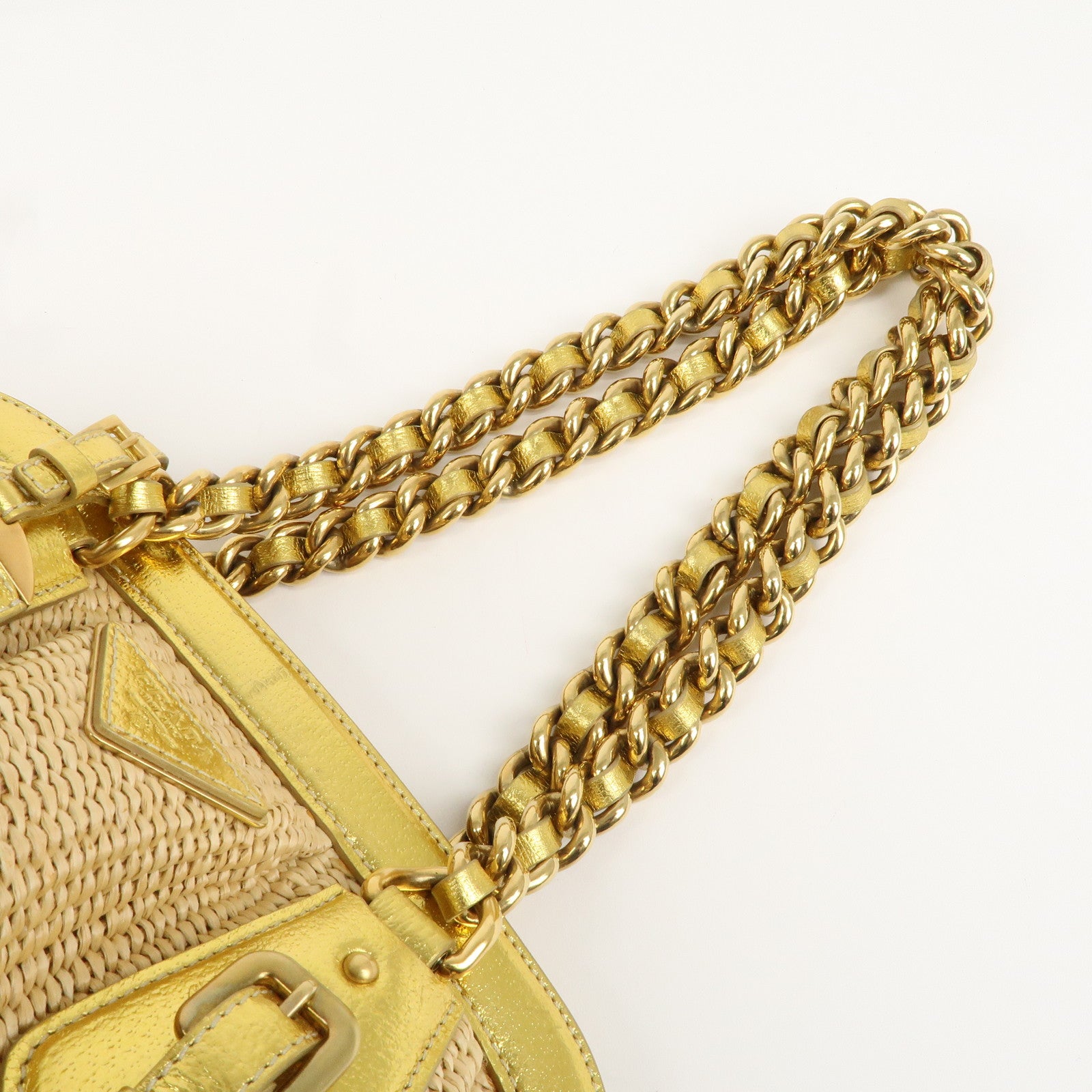 PRADA Raffia Leather Chain Shoulder Bag Natural Gold BR3692