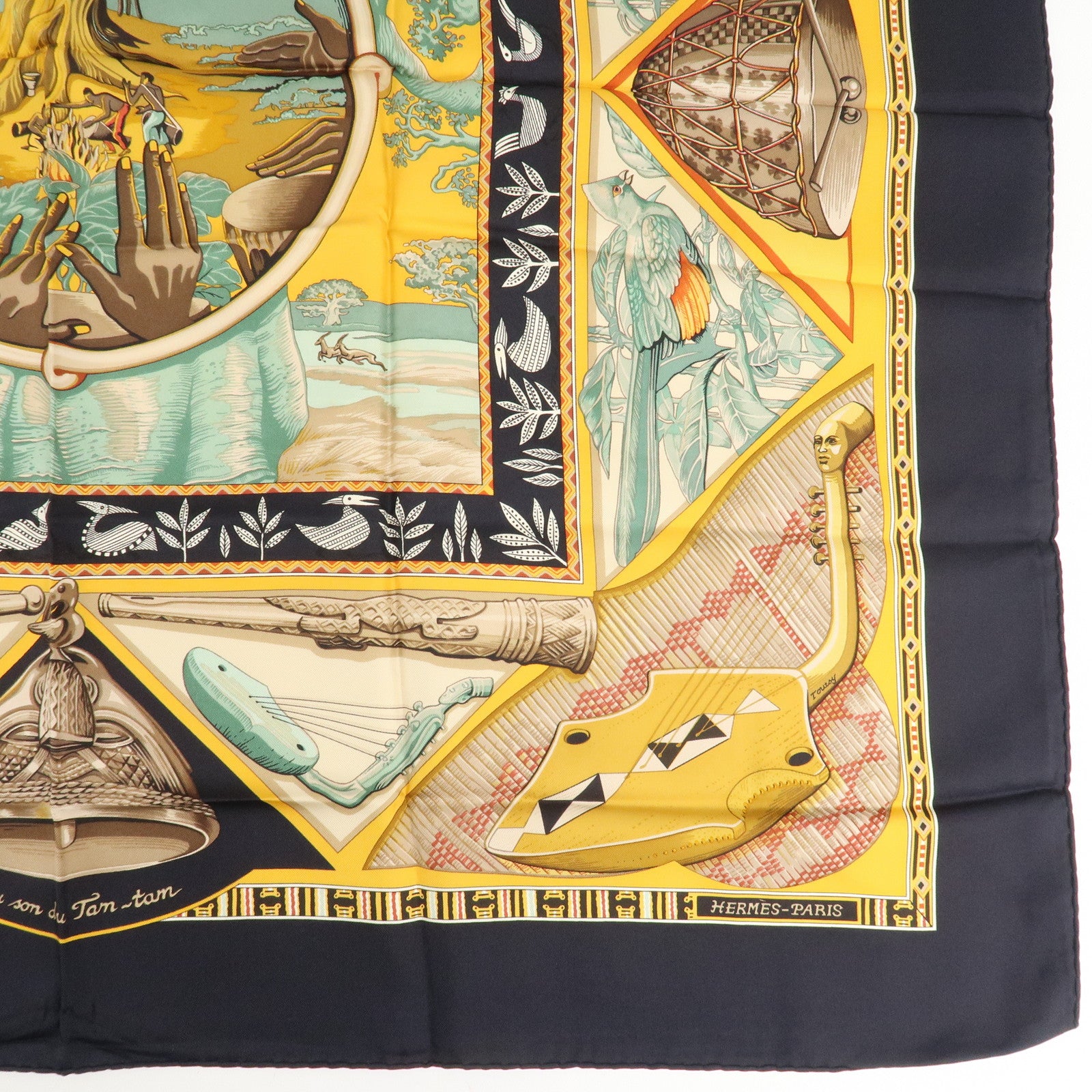 HERMES Silk 100% Carre 90 Scarf Au Son du Tam Tam Black Beige