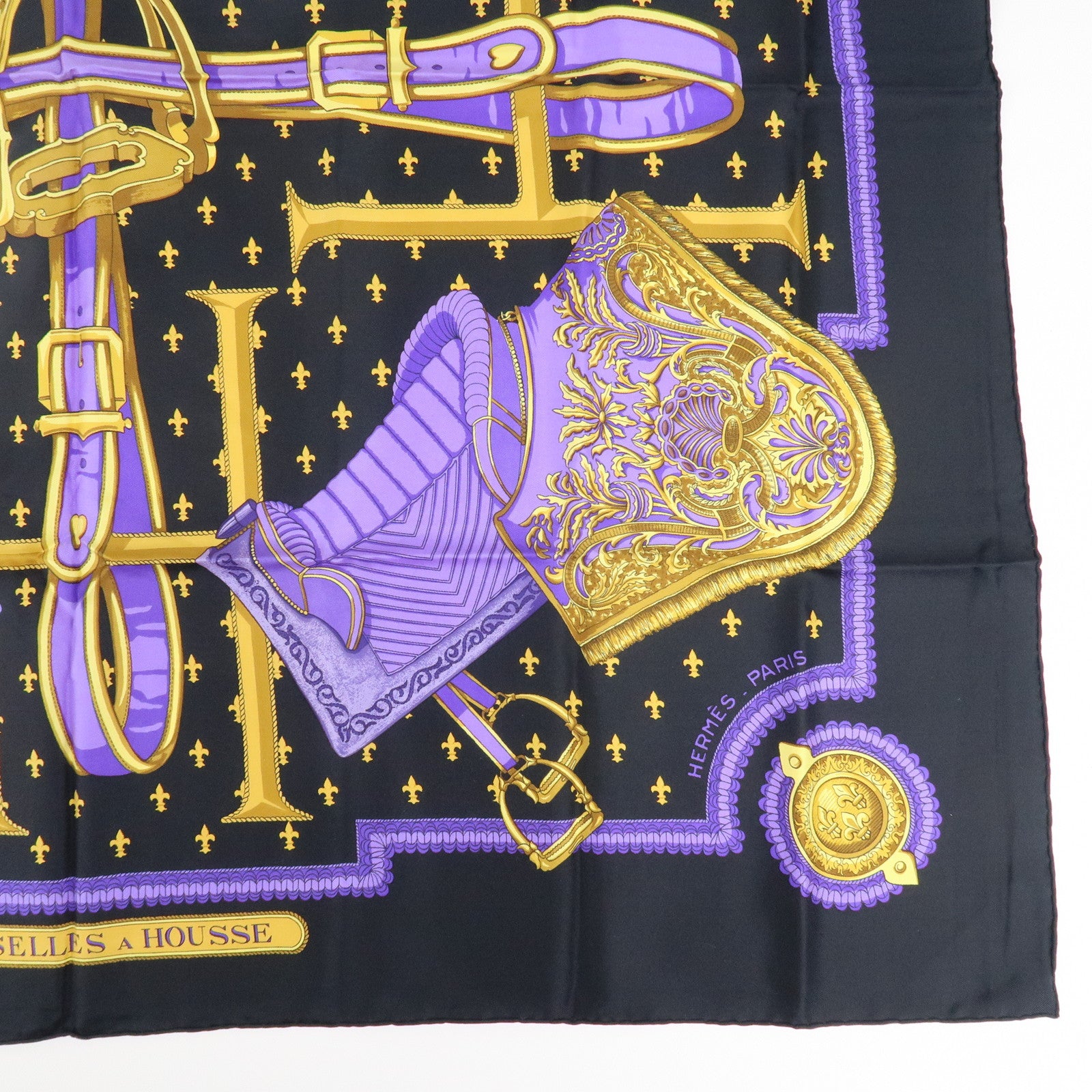 HERMES Carre 90 Silk 100% Scarf SELLES A HOUSSE Black Purple Gold Used